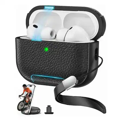 Front. Dteck - Case for AirPods Pro 3rd Gen (2025) with Magnetic Lid Lock, Earphone Protective Cover Bulit in Phone Stand & Lanyard - Black.