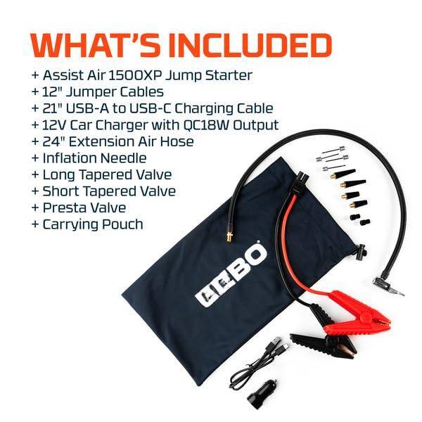 WHAT'S INCLUDED

+ Assist Air 1500XP Jump Starter  
+ 12" Jumper Cables  
+ 21" USB-A to USB-C Charging Cable  
+ 12V Car Charger with QC18W Output  
+ 24" Extension Air Hose  
+ Inflation Needle  
+ Long Tapered Valve  
+ Short Tapered Valve  
+ Presta Valve  
+ Carrying Pouch  

GEBO