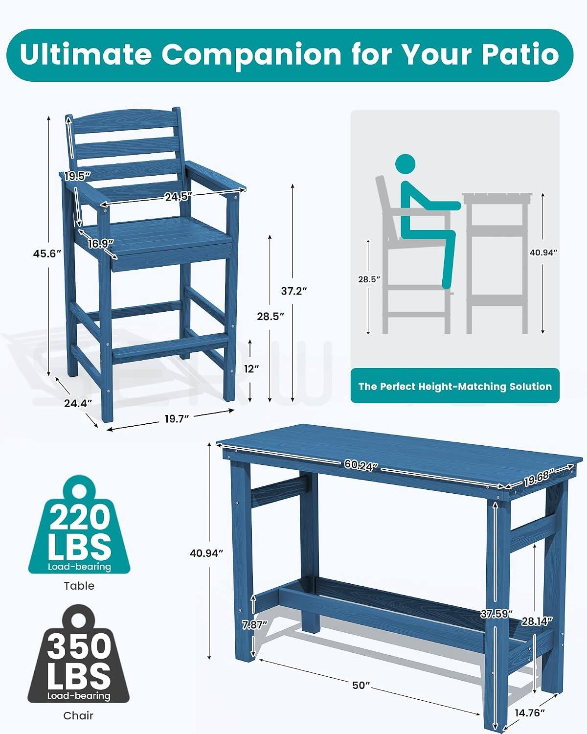 Ultimate Companion for Your Patio

19.5"
24.5"
45.6"
16.9"
40.94"
37.2"
28.5"
28.5"
24.4"
19.7"
12"

The Perfect Height-Matching Solution

220 LBS Load-bearing Table
40.94"
60.24"
19.68"

350 LBS Load-bearing Chair
7.87"
50"
37.59"
28.14"
14.76"