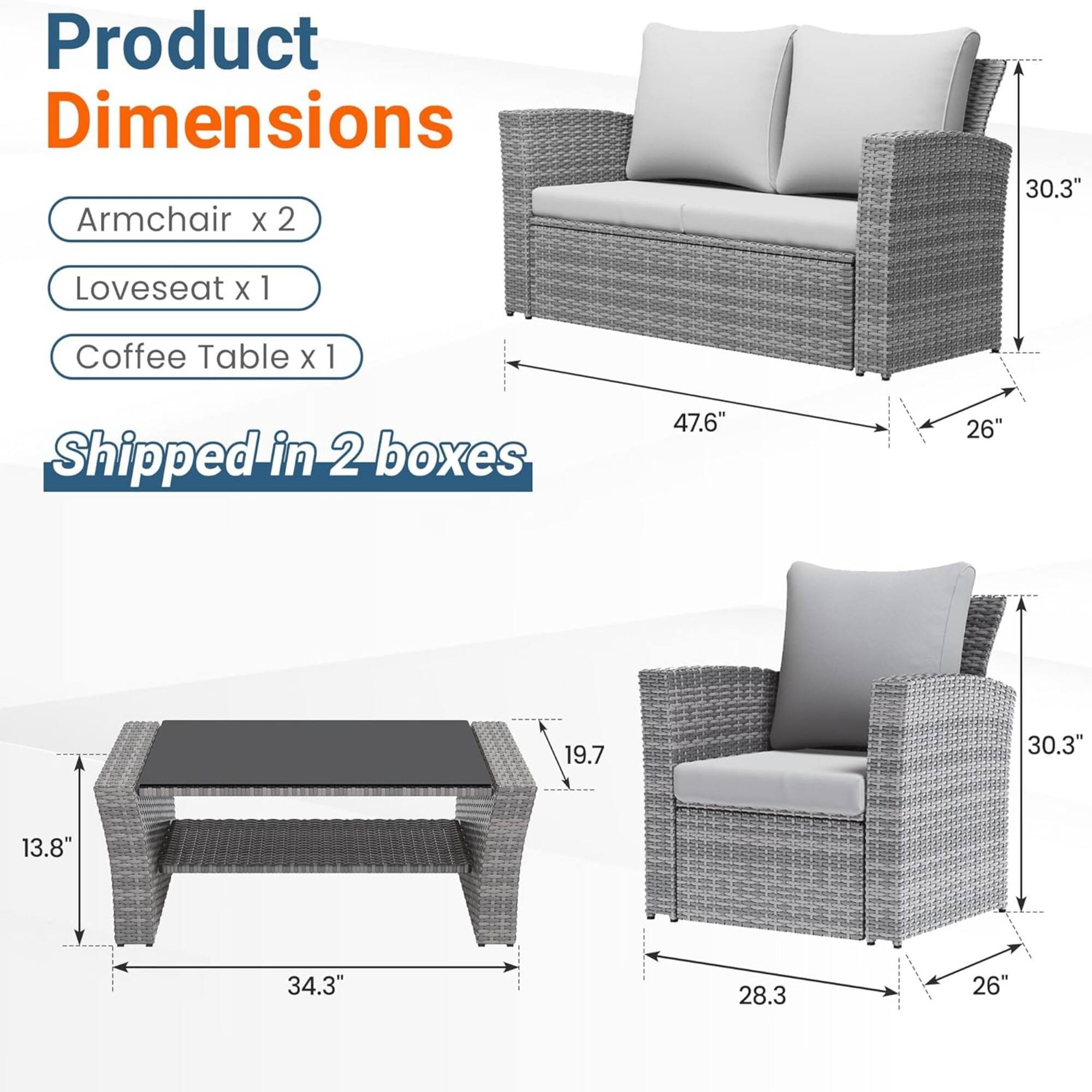 Product Dimensions  
Armchair x 2  
Loveseat x 1  
Coffee Table x 1  

Shipped in 2 boxes  

Armchair: 30.3" H x 28.3" W x 26" D  
Loveseat: 47.6" L x 26" W x 30.3" H  
Coffee Table: 34.3" L x 19.7" W x 13.8" H