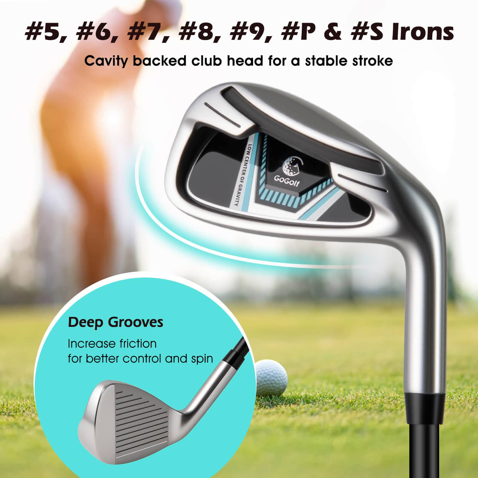 #5, #6, #7, #8, #9, #P & #S Irons  
Cavity backed club head for a stable stroke  

Deep Grooves  
Increase friction for better control and spin
