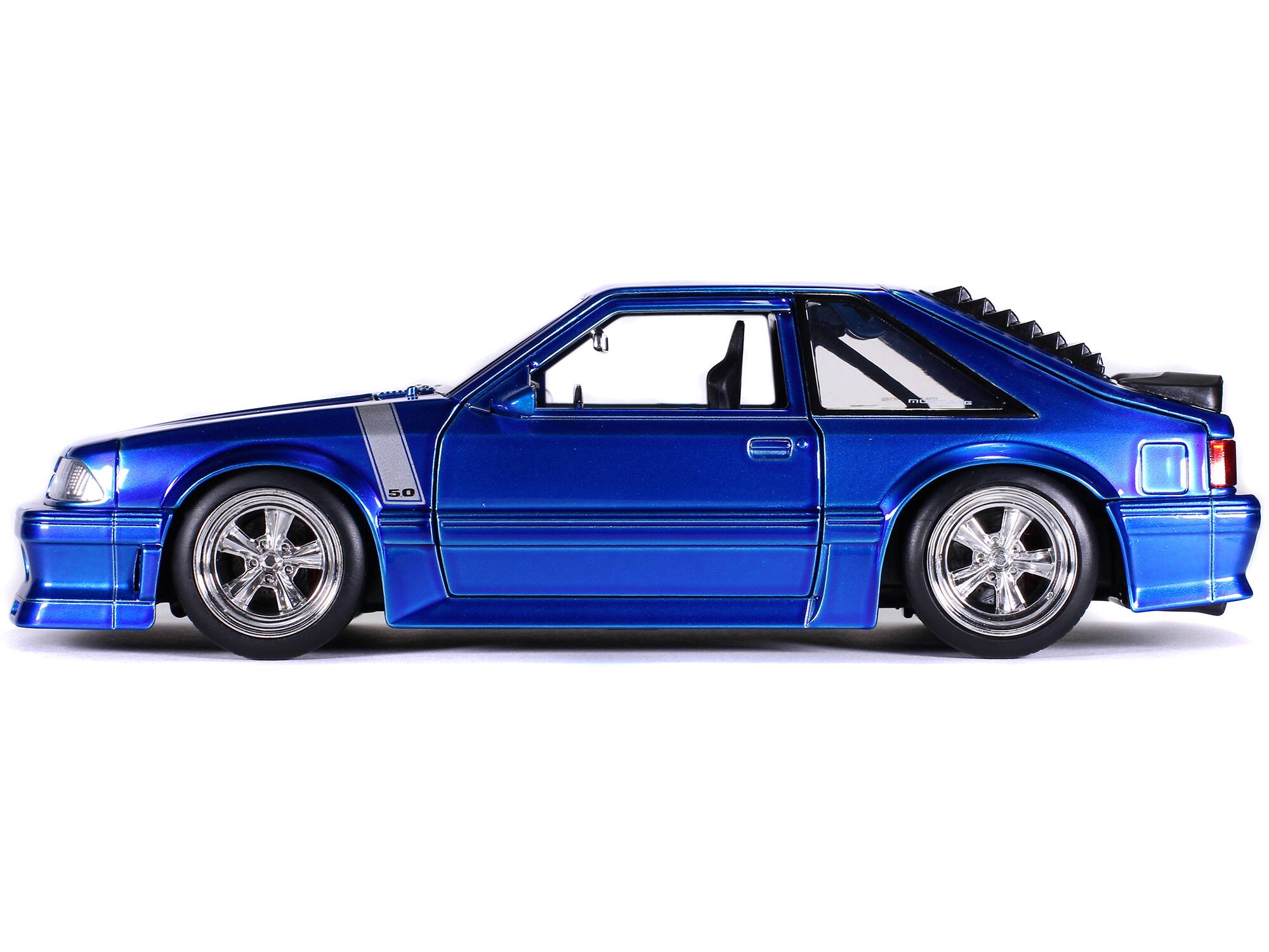 Alt View 2. Jada - 1989 Ford Mustang GT 5.0 Candy Blue with Silver Stripes "Bigtime Muscle" 1/24 Diecast Model Car by Jada.