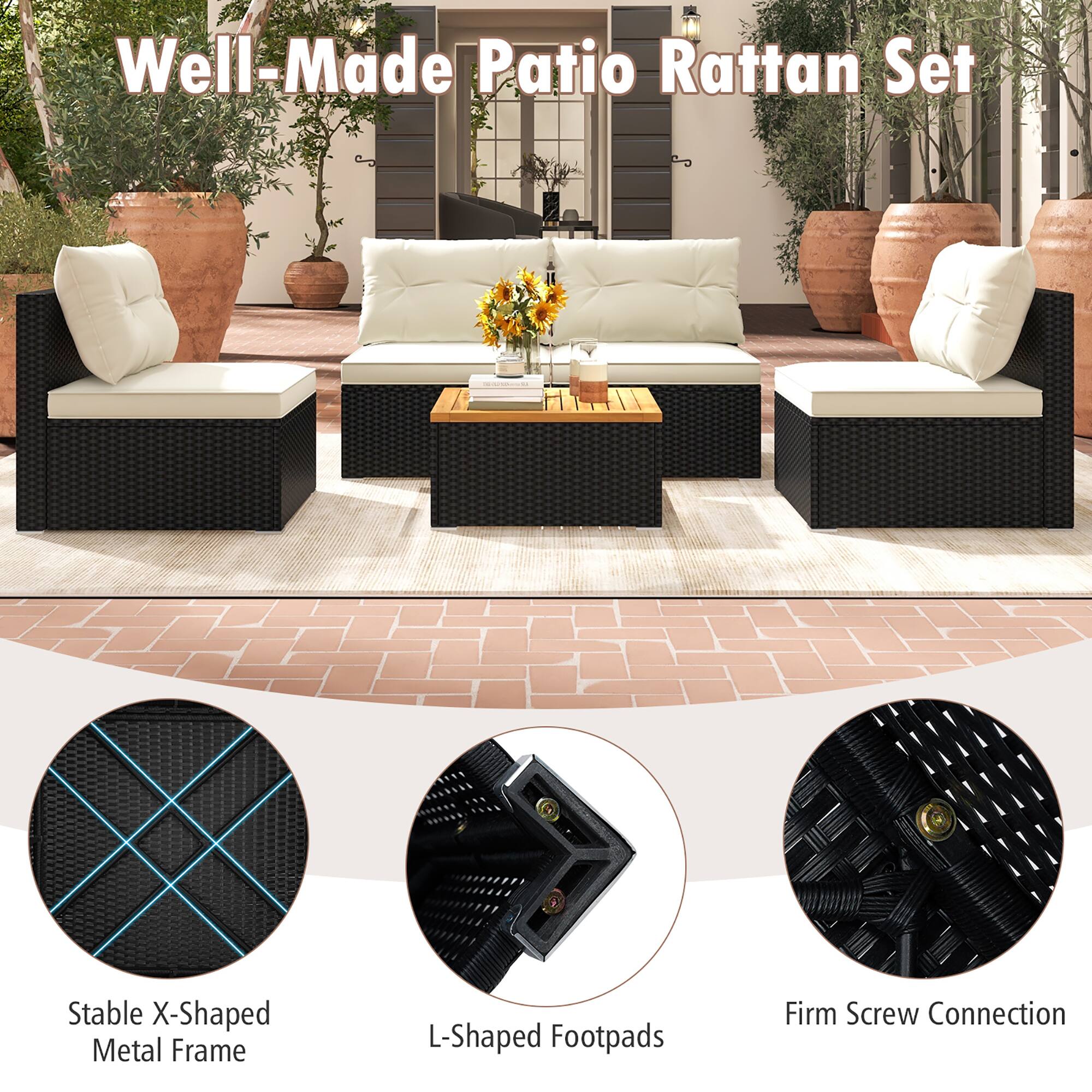 Well-Made Patio Rattan Set

- Stable X-Shaped Metal Frame
- L-Shaped Footpads
- Firm Screw Connection