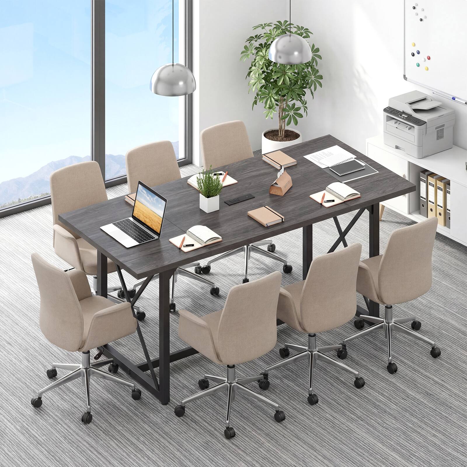 Alt View 1. Costway - Costway 2 Pcs 6FT Conference Table with Power Outlets, Large Meeting Room Table Seats - Gray Oak.