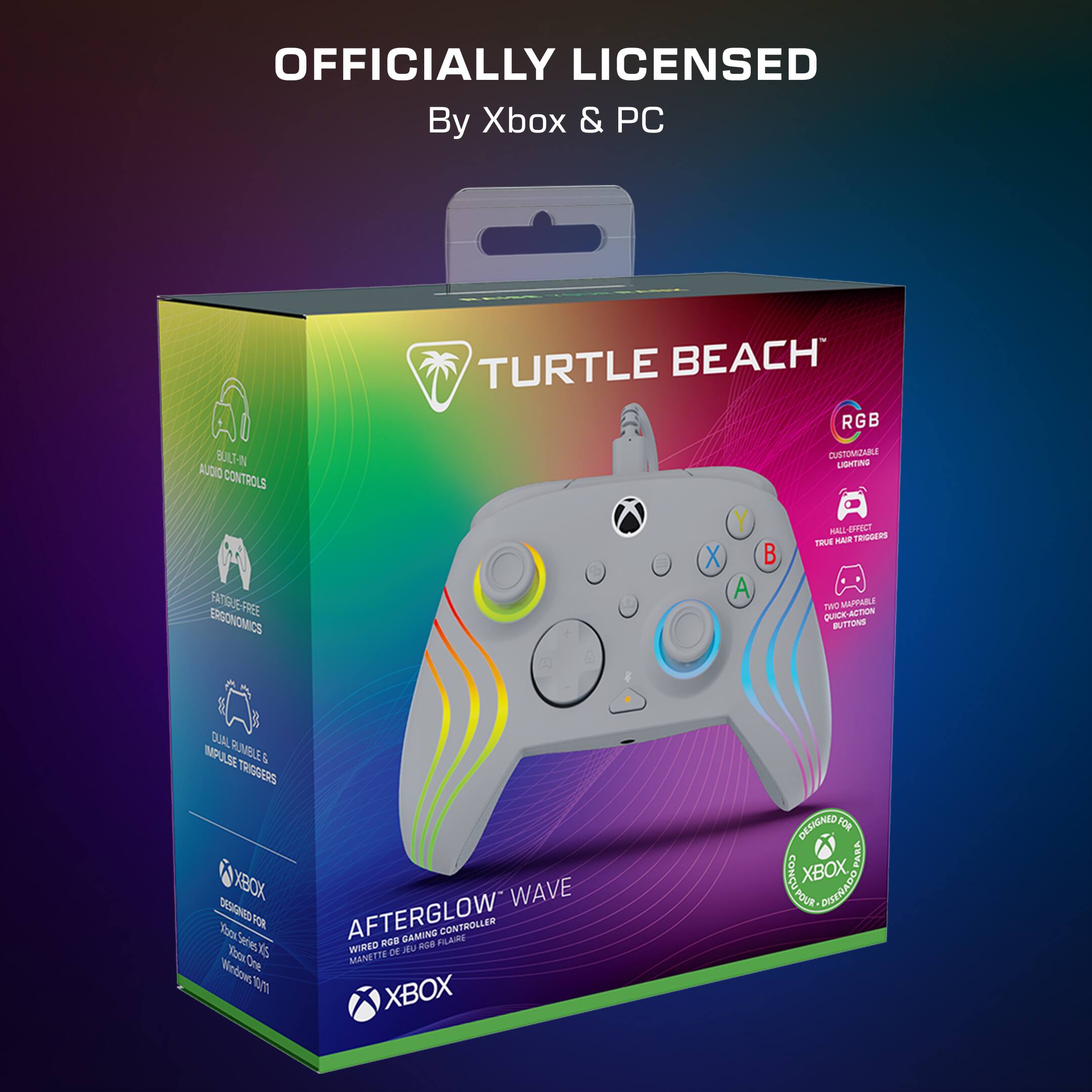 Officially licensed by Xbox & PC. Built-in audio controls. Fangue-free ergonomics. Turtle Beach RGB customizable LEDs. 12-hour battery life. 16-bit trigger. Dual rumble. 3.5mm audio jack. Designed for Xbox Wave. Designed for gaming controller. Designed for Xbox One.