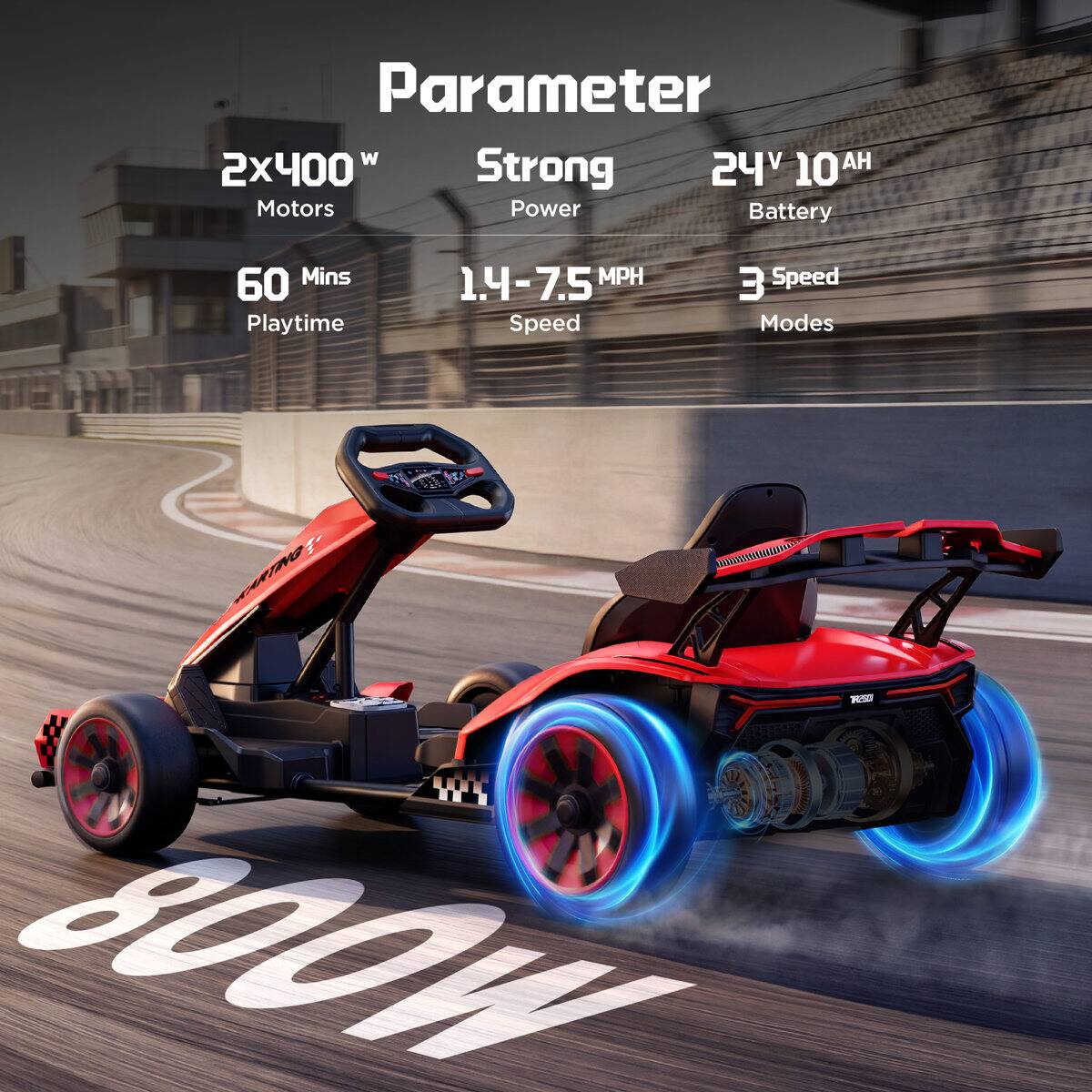 Parameter  
2x400W Motors  
Strong Power  
24V 10AH Battery  
60 Mins Playtime  
1.4-7.5 MPH Speed  
3 Speed Modes  
KARTING 800W