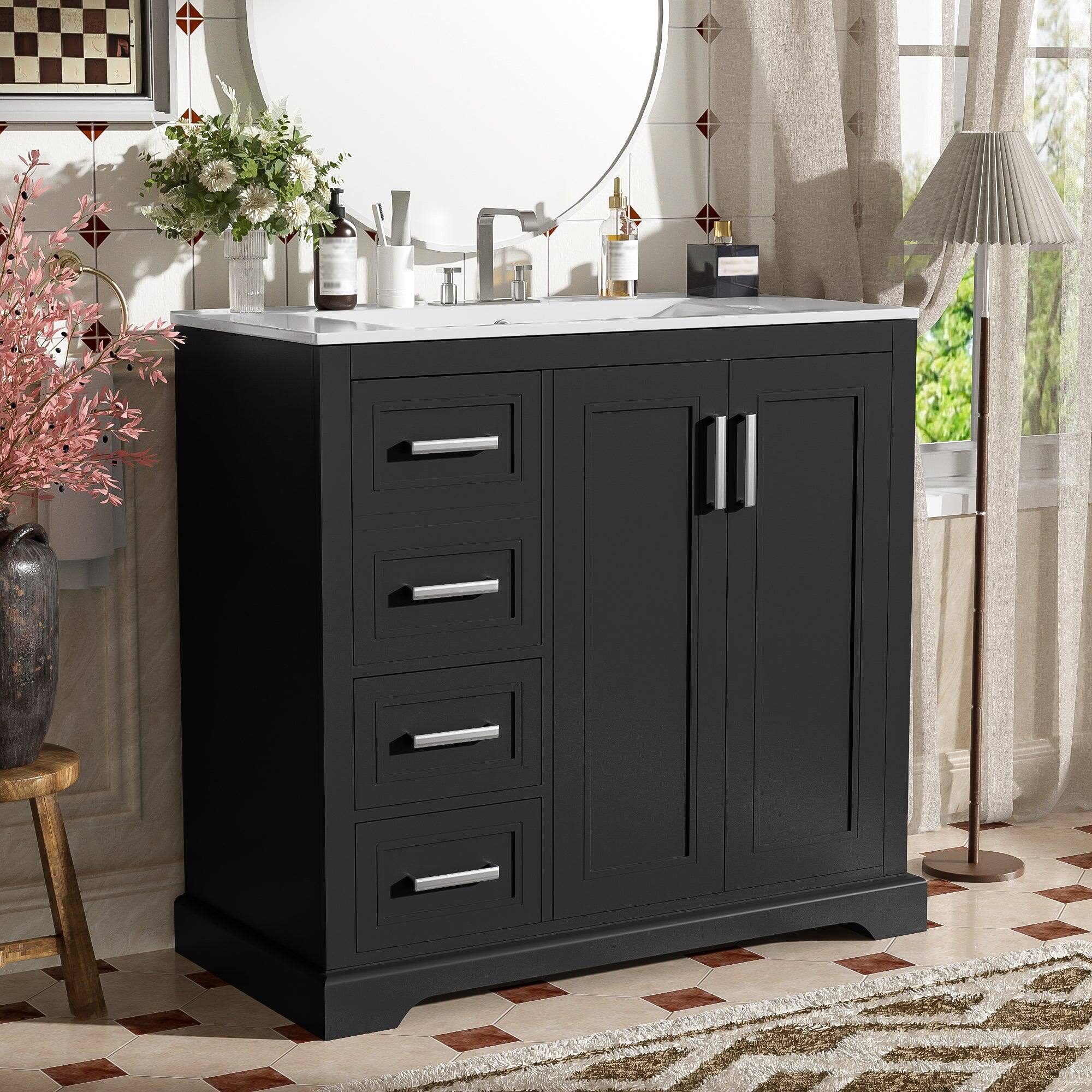 Alt View 4. Boyel Living - 36 Inch Black Modern Bathroom Vanity with Ceramic Sink Soft Close Doors 3 Drawers Adjustable Shelf Solid Wood and MDF - Gray.