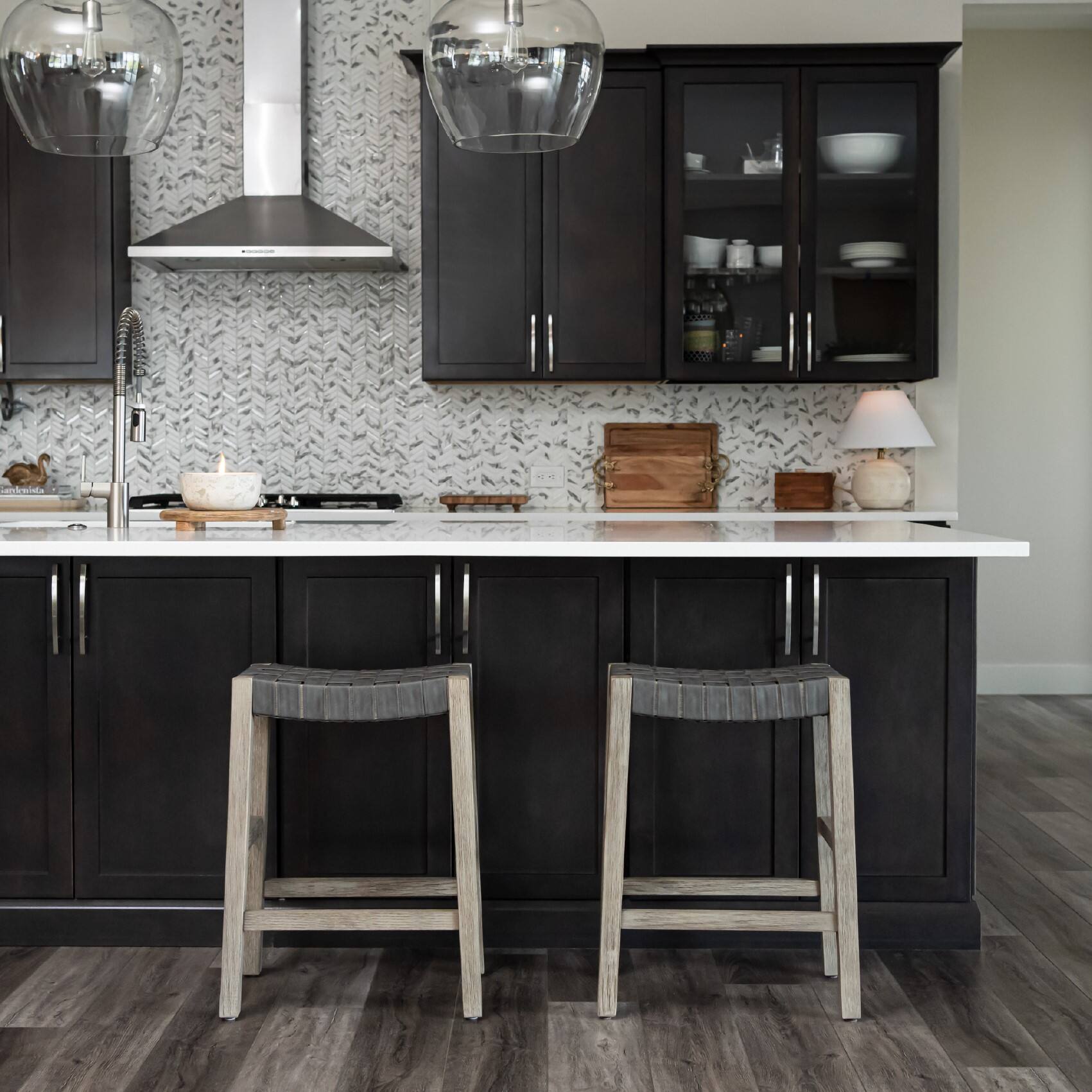 Back. Maven Lane - 26" Emerson Counter Stool In Weathered Grey Wood Finish With Vegan Leather - Weathered Grey.