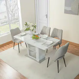 Loheer - Extendable Rectangular Dining Table with Marble Look and Storage Cabinet Base - White