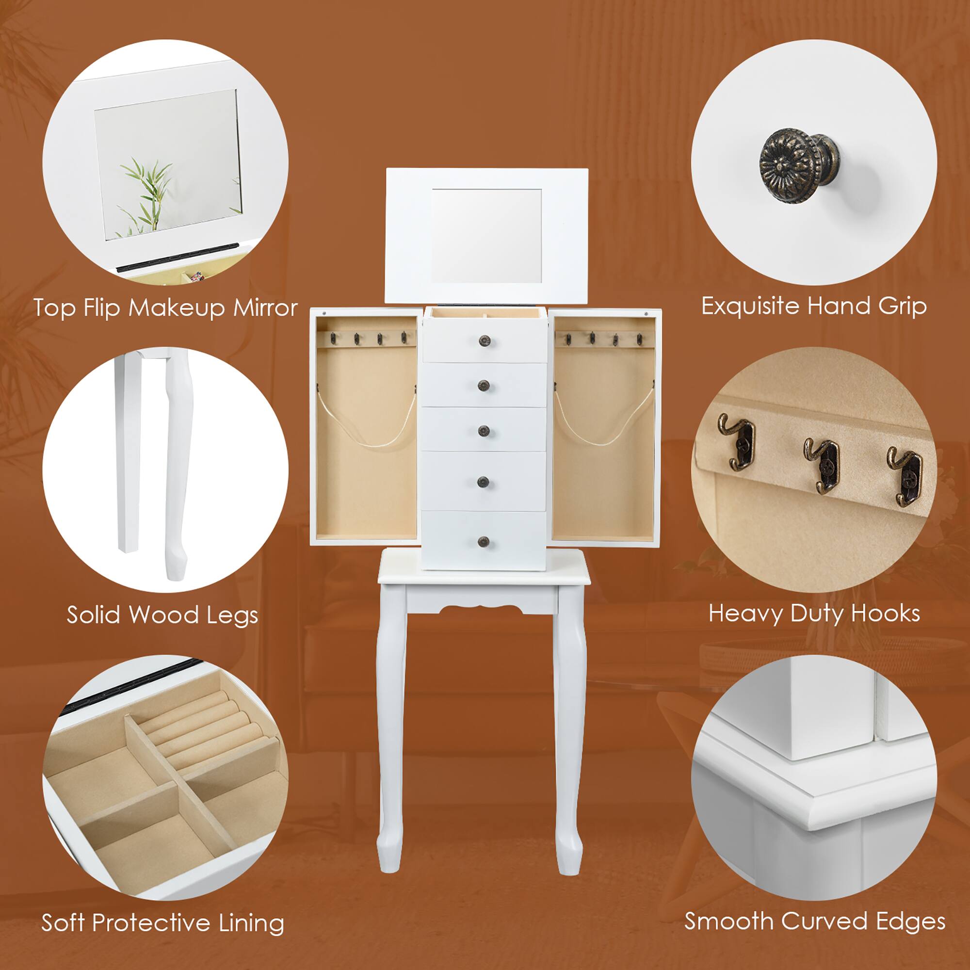 The image features a white vanity with a mirror and a drawer. The vanity is described as having a top flip makeup mirror, an exquisite hand grip, solid wood legs, heavy duty hooks, and soft protective lining. Additionally, it has smooth curved edges.