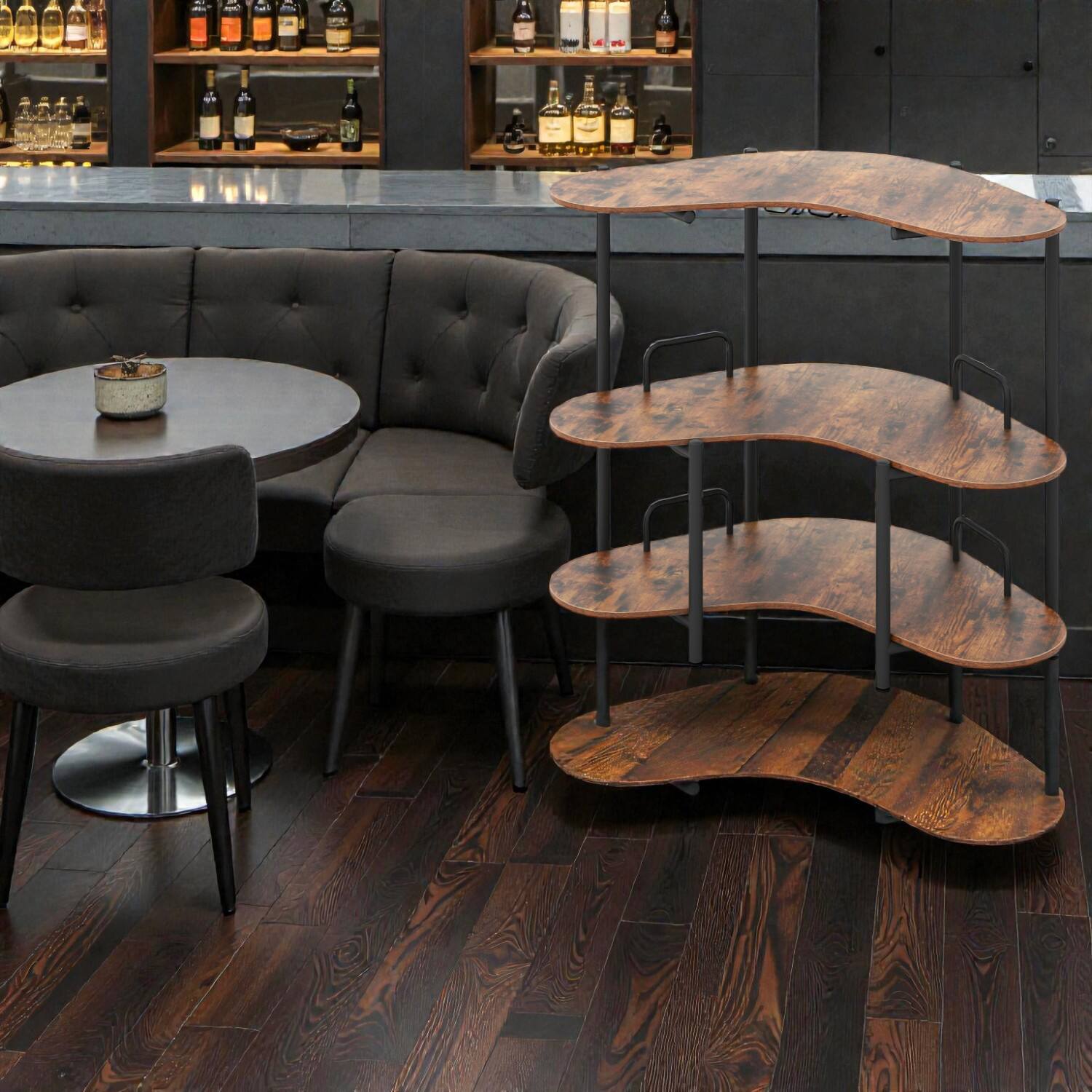 Hivvago - Multi-Tier Bar Table with Built-In Glass Racks and Spacious Storage Shelving - Rustic Brown