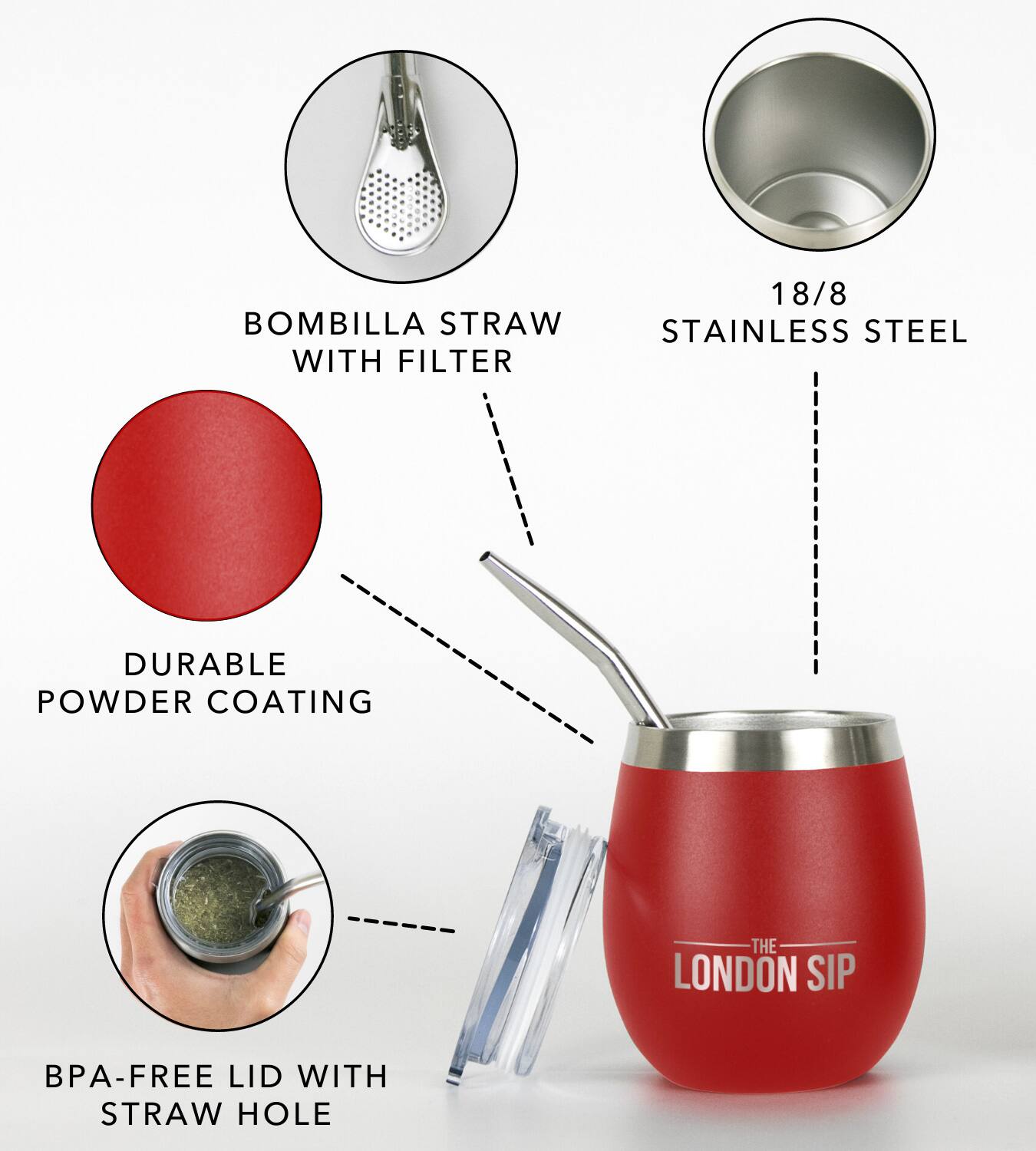The text on the image is:

- BOMBILLA STRAW WITH FILTER
- 18/8 STAINLESS STEEL
- DURABLE POWDER COATING
- BPA-FREE LID WITH STRAW HOLE
- THE LONDON SIP