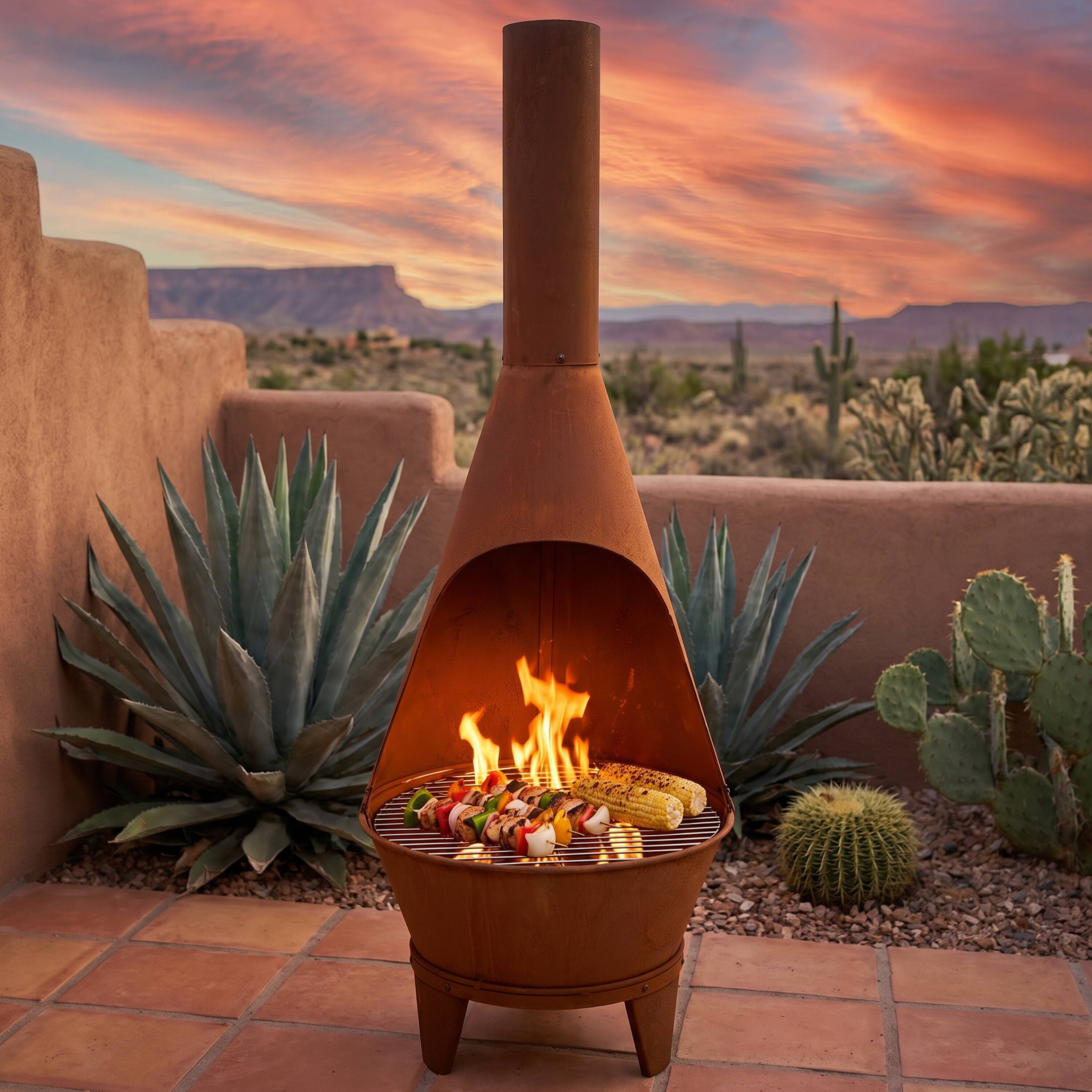 Alt View 1. Sunnydaze - 58" Oxidized Steel Wood-Burning Chiminea Fire Pit with Grill - Rust.