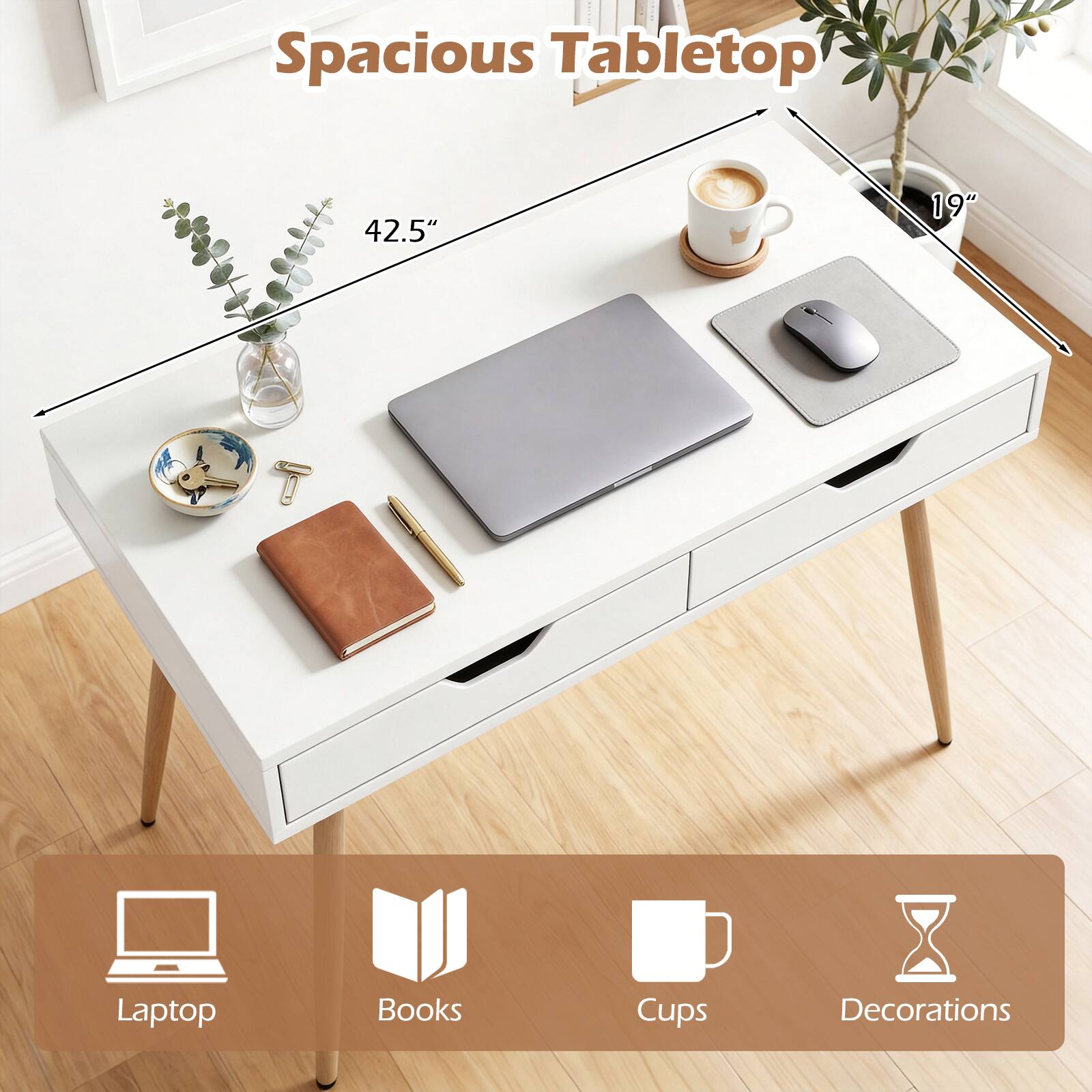 Spacious Tabletop 42.5" x 19" Laptop Books Cups Decorations