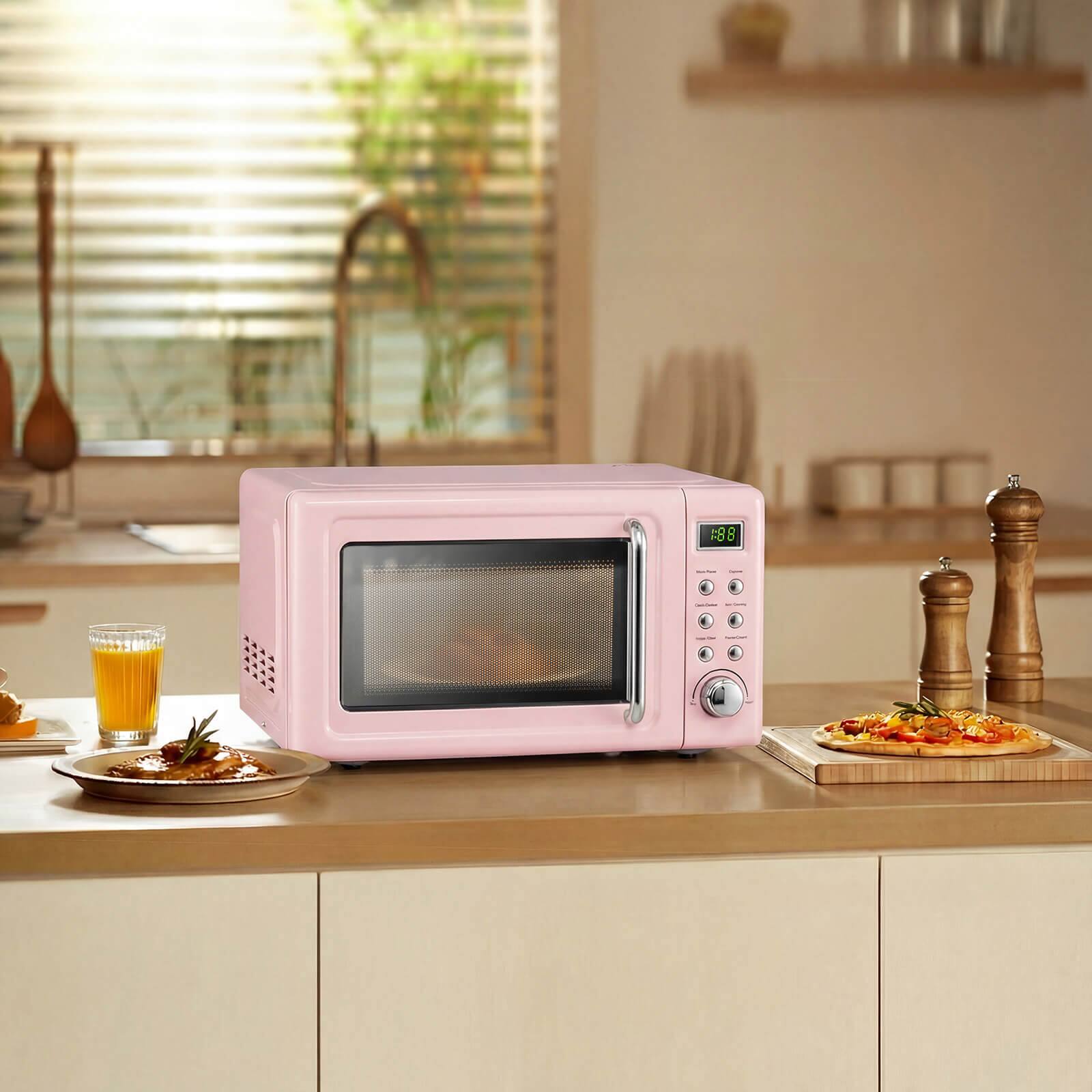 Alt View 1. Costway - Costway 0.7 Cu.ft Retro Countertop Microwave Oven 700W LED Display Glass Turntable - Pink.