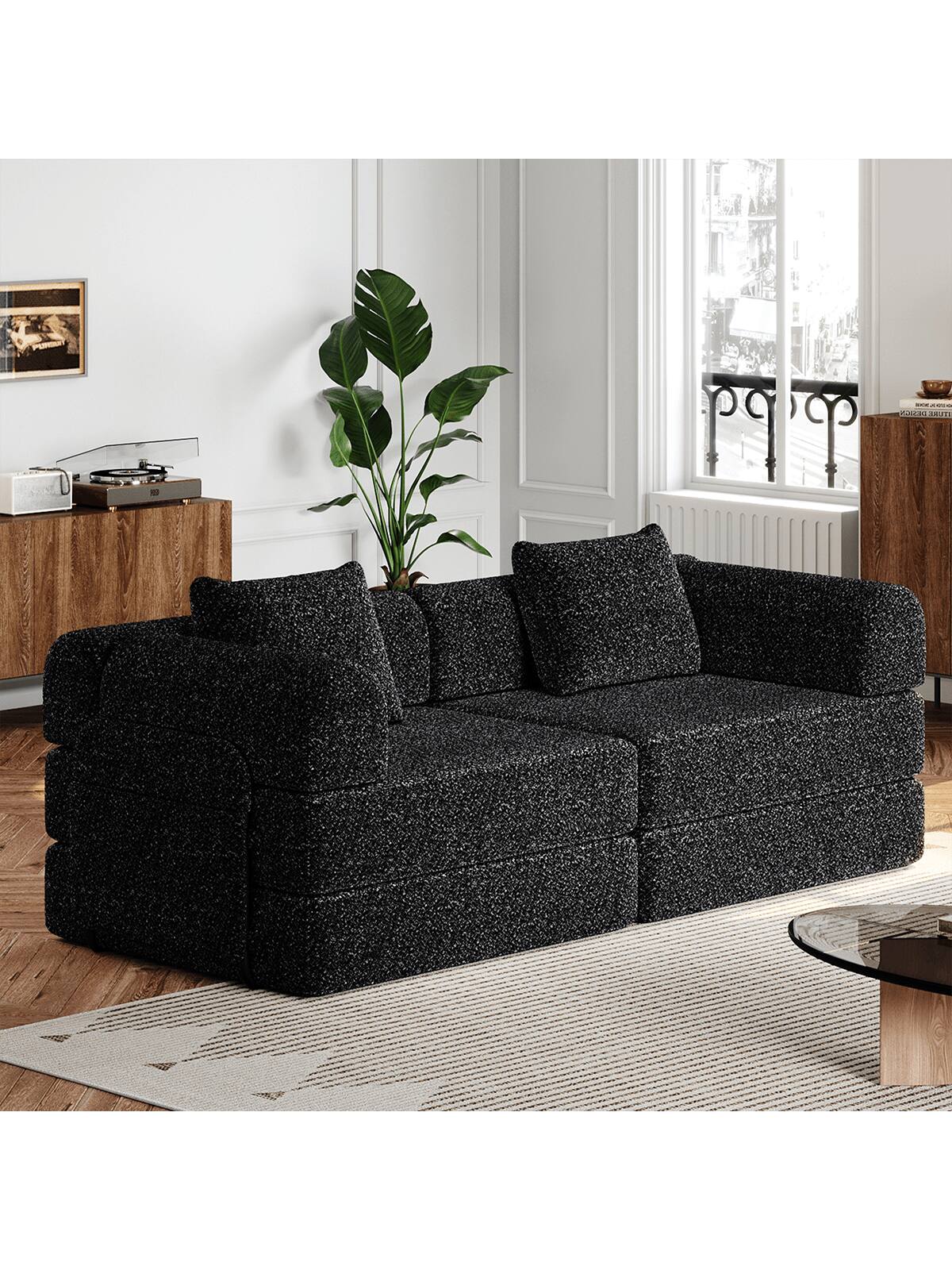 Left. Trinkets Crazed - Convertible Sofa Bed, 72.4" Loveseat Sofa With Storage Pockets Modular Sleeper Couch Chenille Folding Floor Couch - Black.
