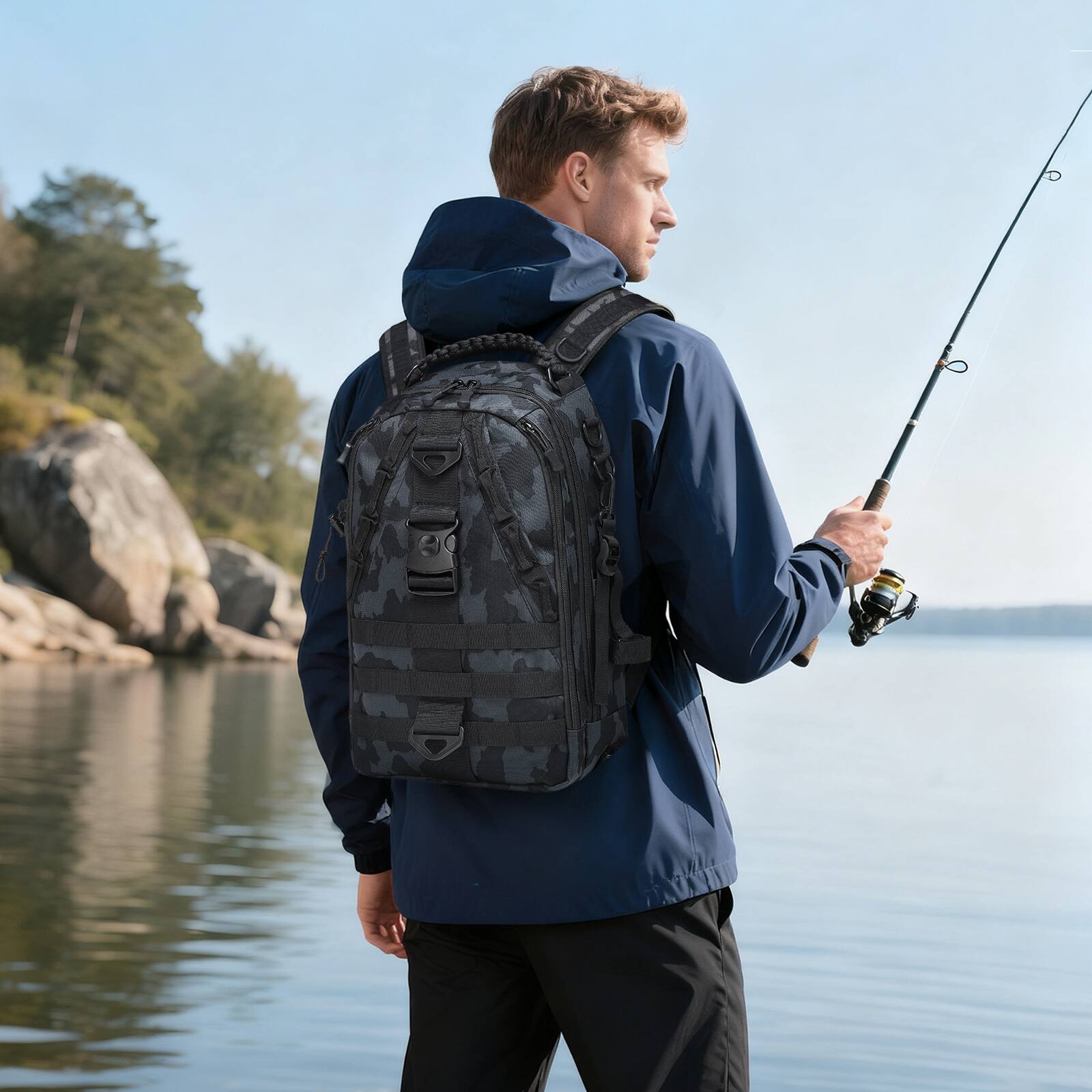 Alt View 1. Unique Bargains - Fishing Tackle Backpack for Men Sling or Backpack Style with Rod Holder Waterproof Great for Anglers Boat Fishing - Gray Camouflage.