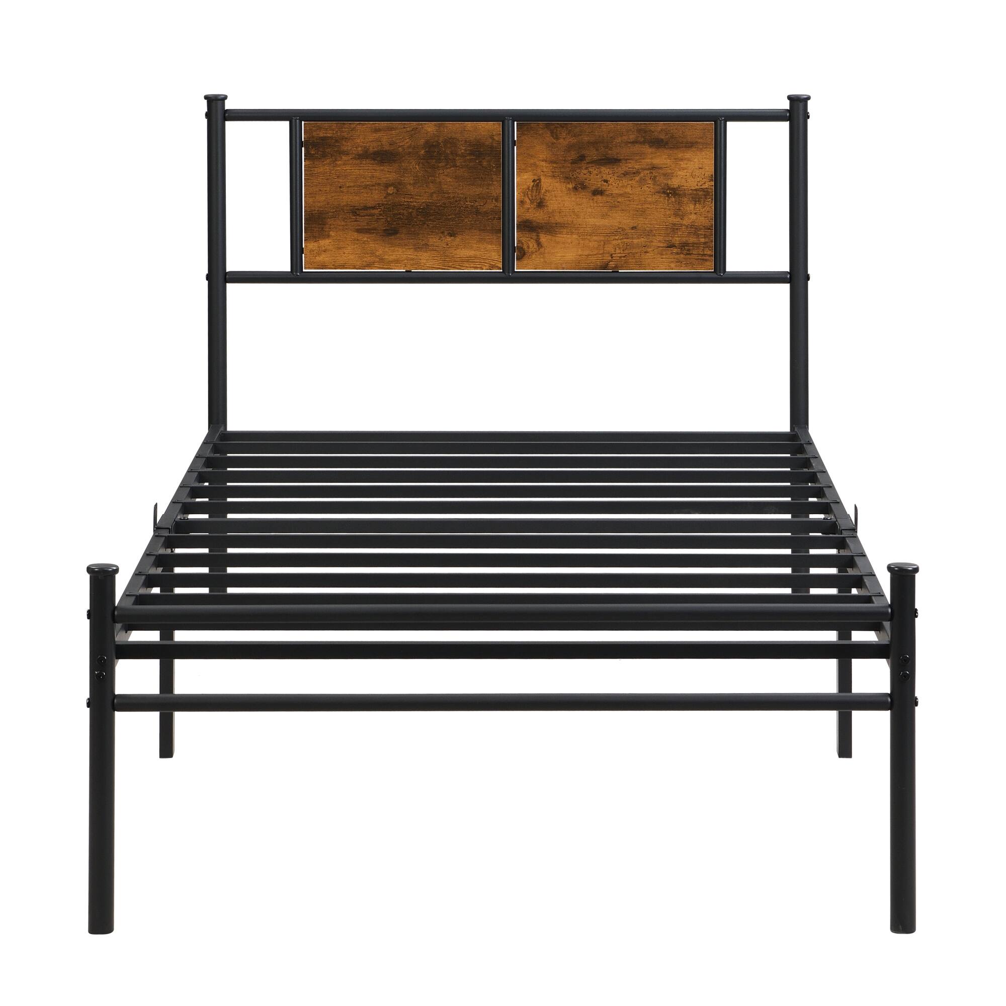 Alt View 2. GOODSILO - Twin Size Metal Bed Frame with Wood Panel Headboard, Sturdy Steel Structure for Enhanced Support and Storage Space - Black+Brown.