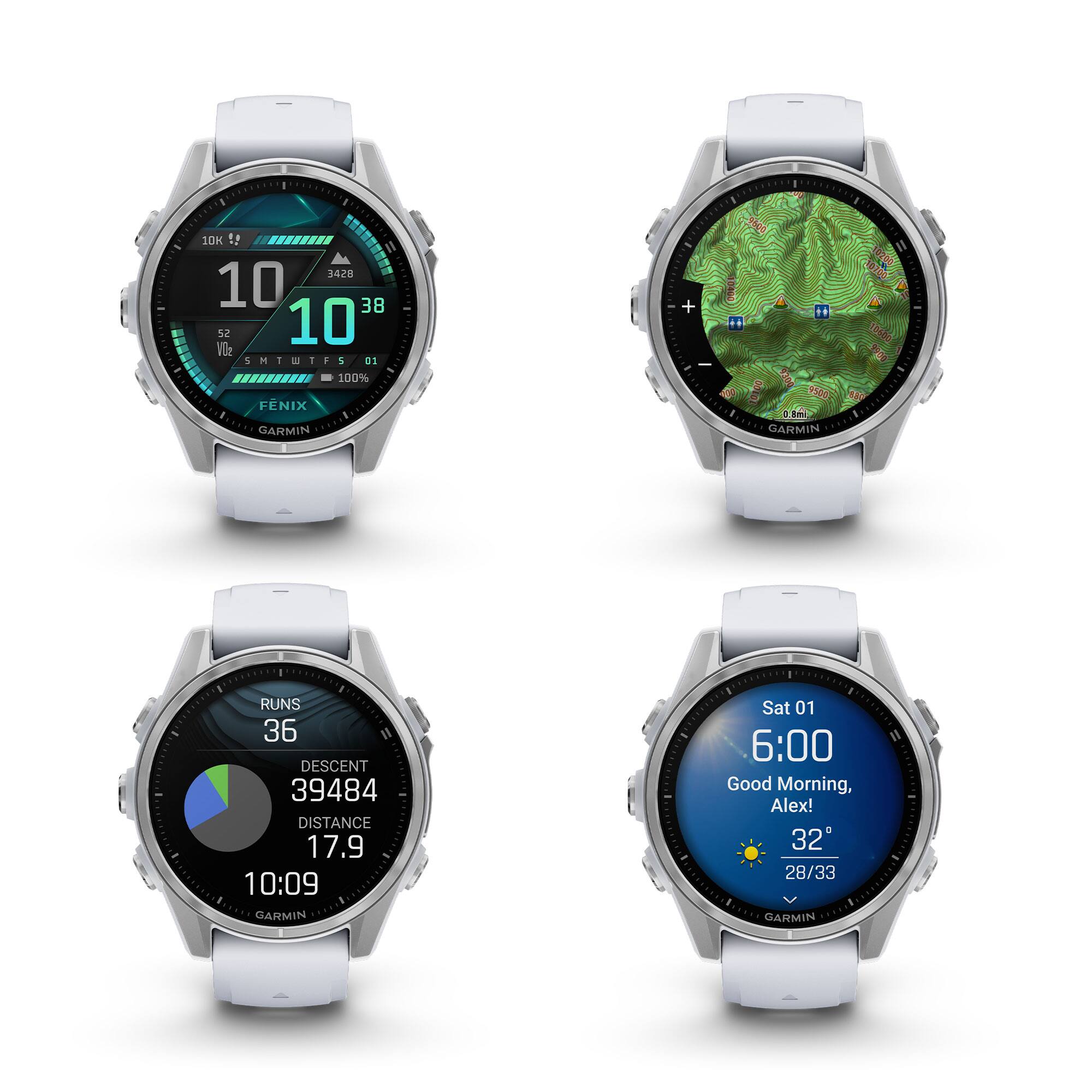 - 10K 19 4GZE 10 38 52 10 Vte SMEWTPS S i 1 a 1 - 1 E1 100% FENIX GARMIN + T 150 80 GARMIN Hg RUNS 36 I1 DESCENT 39484 DISTANCE 17.9 10:09 GARMIN .... Sat 01 6:00 Good Morning, Alex! 32 28/33 GARMIN I