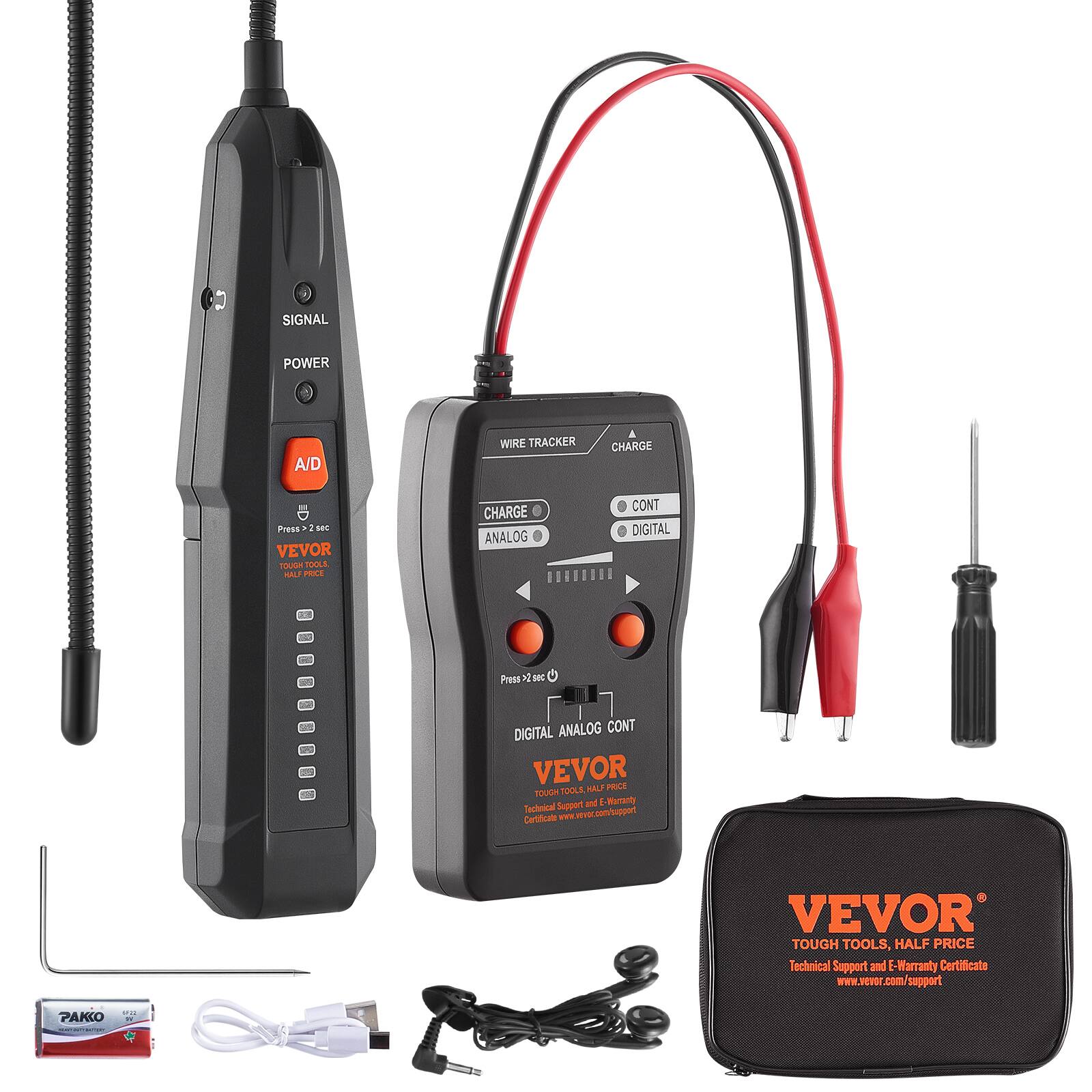 SIGNAL POWER A/D WIRE TRACKER A CHARGE ANALOG CONT DIGITAL

Press 2 sec

DIGITAL ANALOG CONT

VEVOR TOOLS, HALF PRICE

Technical Support and Warranty Certificate

www.vevor.com/support