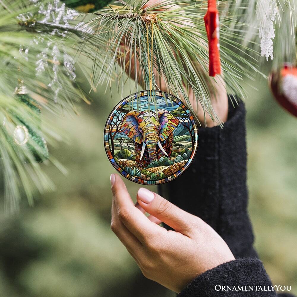 Alt View 1. OrnamentallyYou - Majestic Elephant Stained Glass Style Ceramic Ornament African Animals Christmas Gift and Decor - Multi-colored.