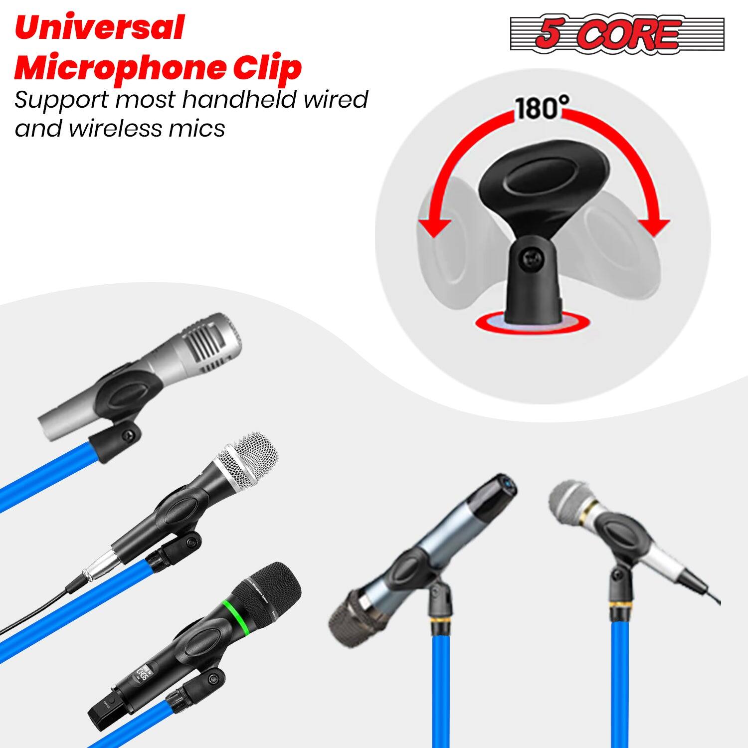 Universal Microphone Clip, Support most handheld wired and wireless mics, 5 CORE, 180°
