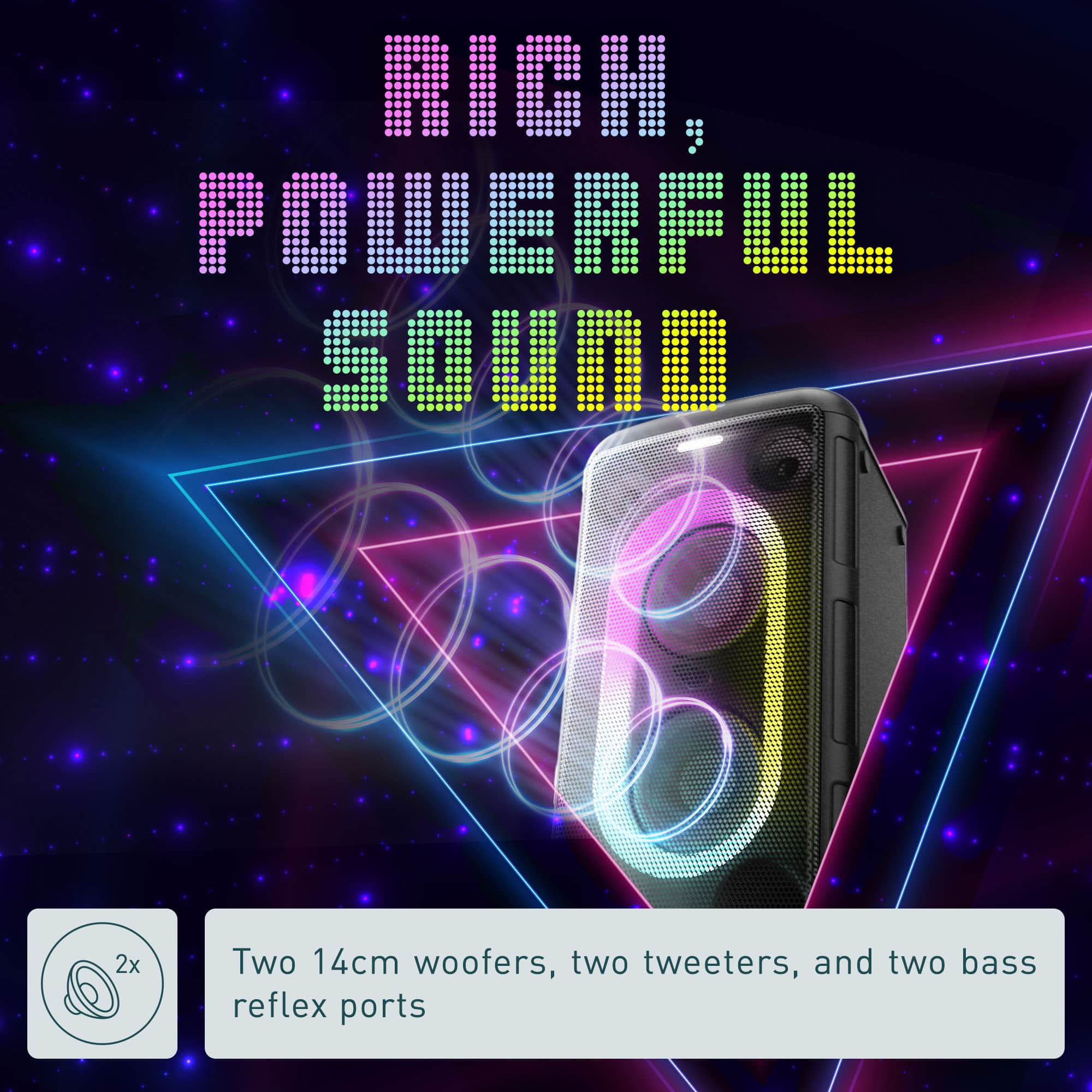 Rich, Powerful Sound: 2x Two 14cm woofers, two tweeters, and two bass reflex ports.