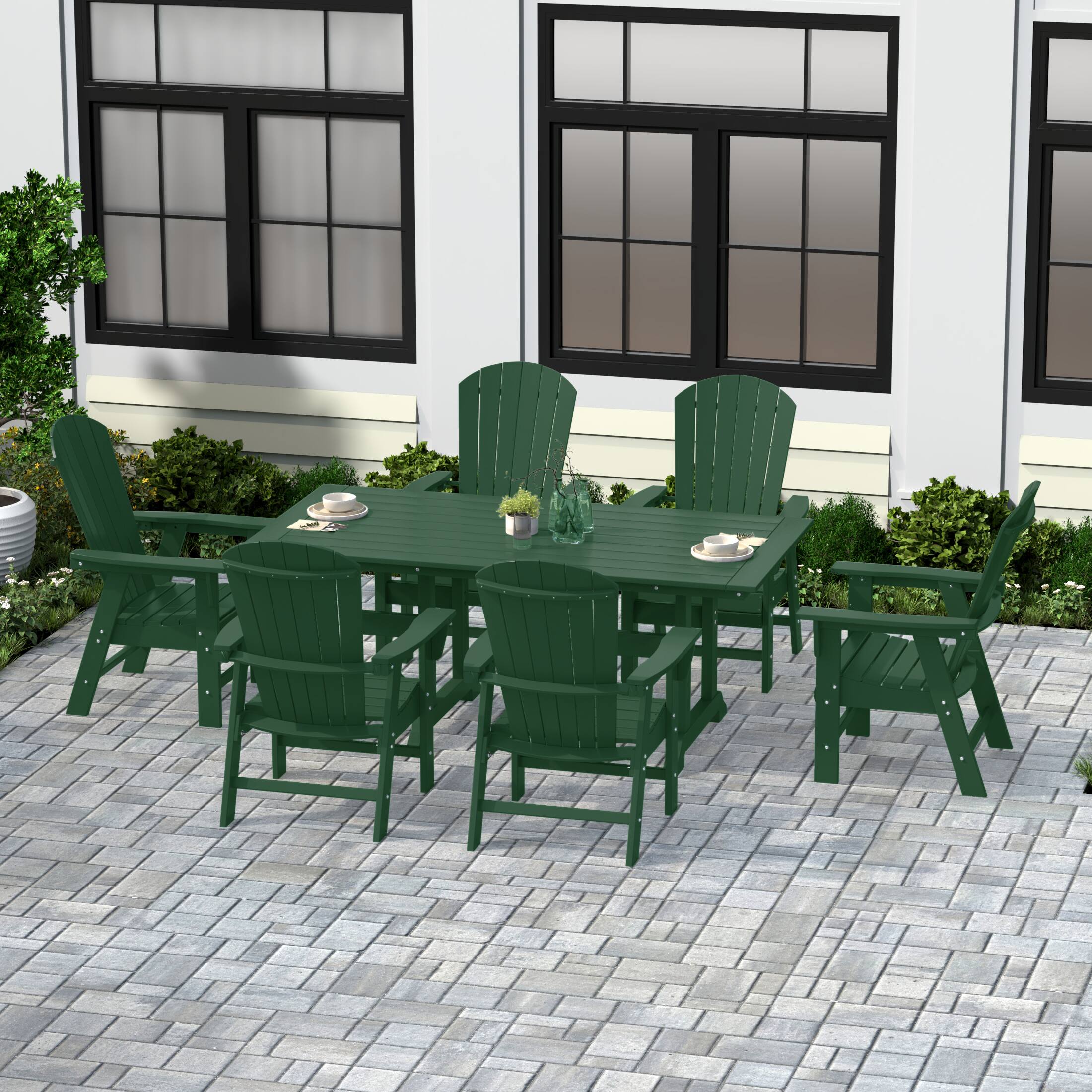 Angle. WestinTrends - WestinTrends Dylan 7 Piece Outdoor Patio Dining Table and Adirondack Armchair Set - Dark Green.
