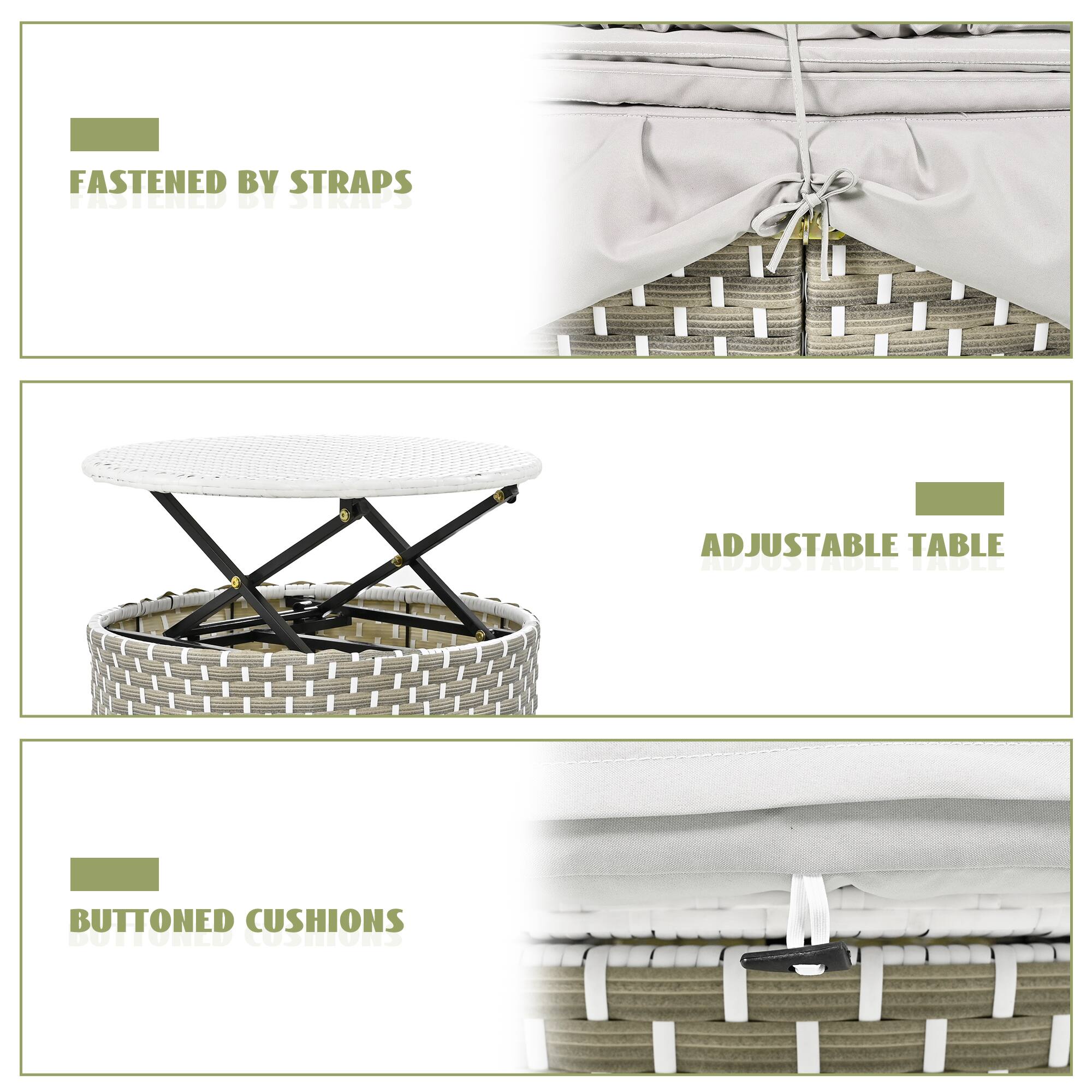 FASTENED BY STRAPS, ADJUSTABLE TABLE, BUTTONED CUSHIONS