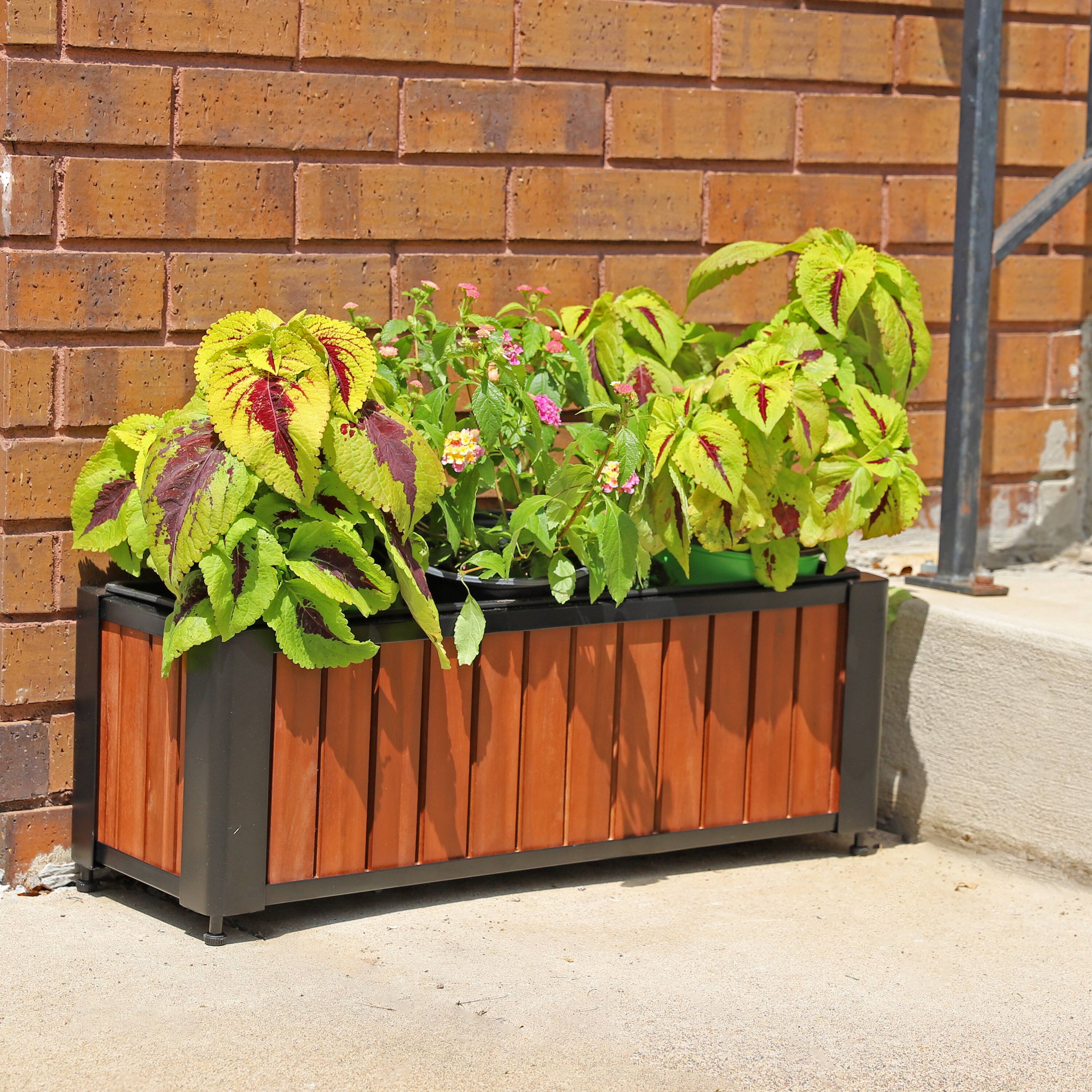 Alt View 4. Sunnydaze - Acacia Wood Slatted Planter Box with Removable Insert - Brown.