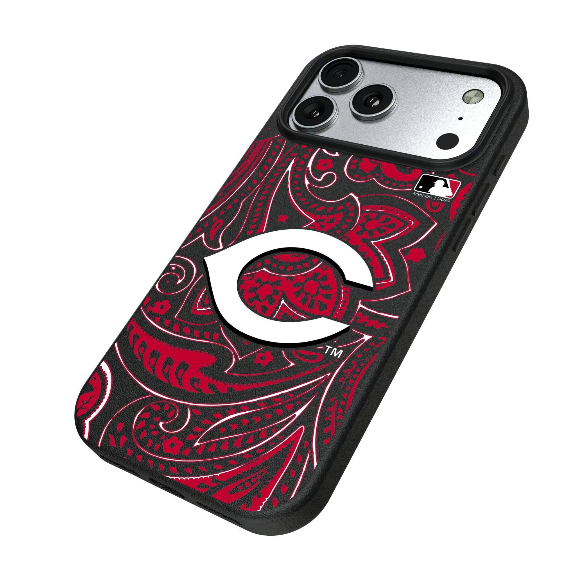 Alt View 1. Keyscaper - Cincinnati Reds Paisley iPhone Magnetic Bump Case - 16 Pro - Black.