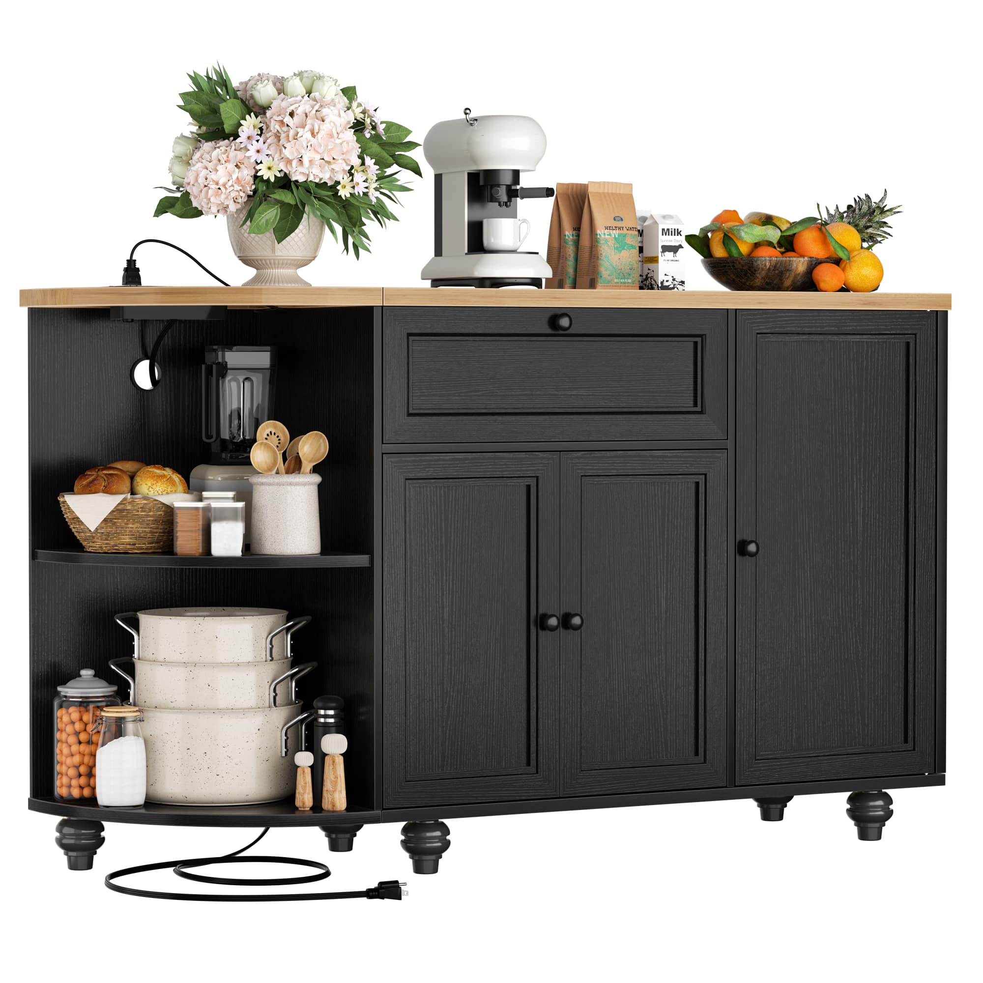 Aheaplus - 55"Wooden Sideboard Cabinet with Power Outlets, Coffee Bar, Wine Rack & Solid Wood Legs - Black