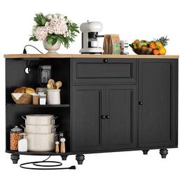 Aheaplus - 55"Wooden Sideboard Cabinet with Power Outlets, Coffee Bar, Wine Rack & Solid Wood Legs - Black