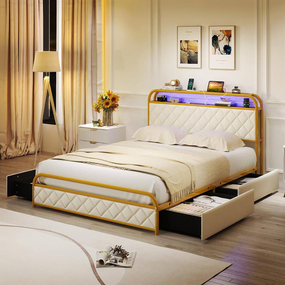 Back. Kadyn - Platform Bed Frame, Bedroom Bed Frame,Twin/Full/Queen Size Bed Frame with LED Lights and Charging Station Gold-Full Size - Gold.