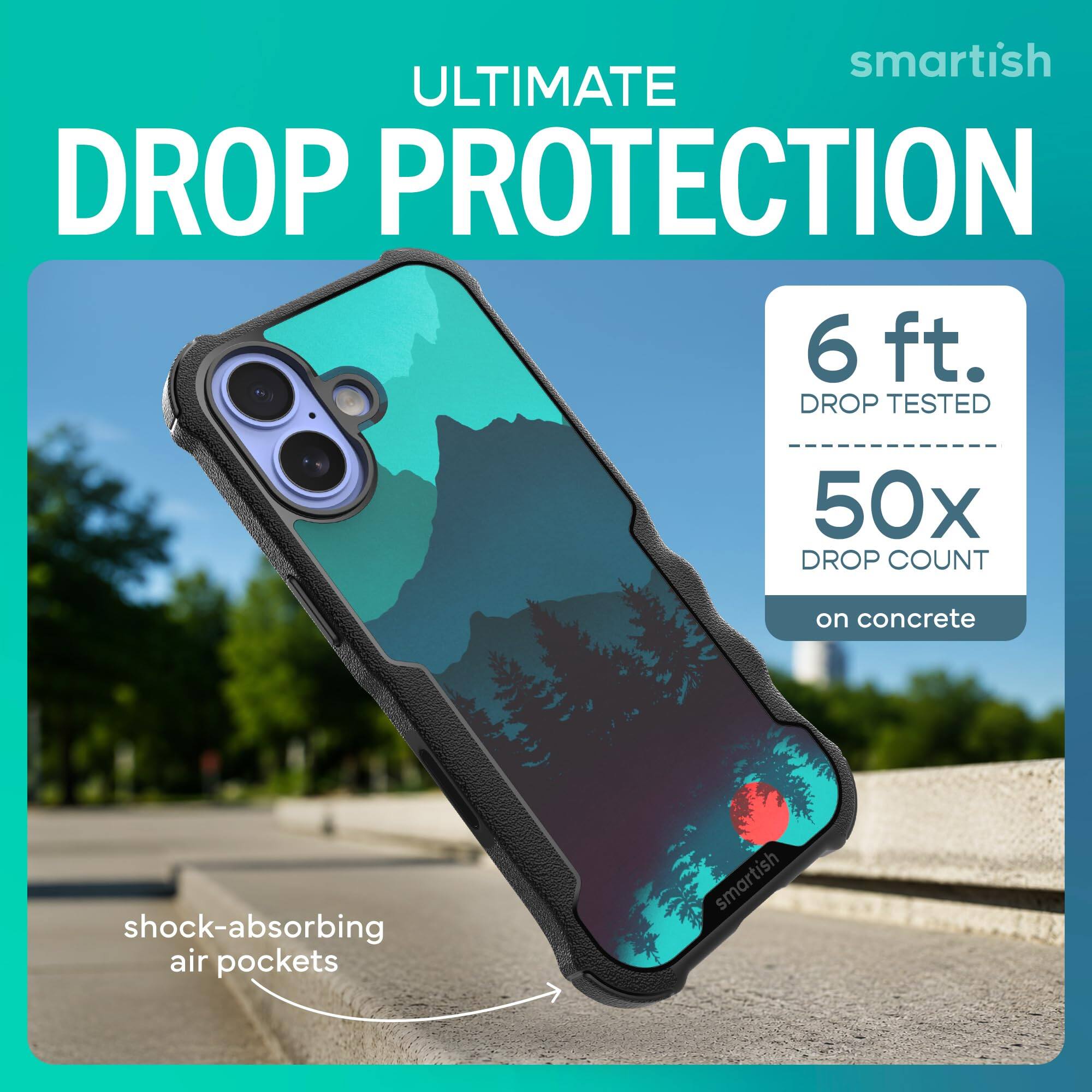 smartish ULTIMATE DROP PROTECTION  
6 ft. DROP TESTED  
50x DROP COUNT  
on concrete  
shock-absorbing air pockets  
smartish