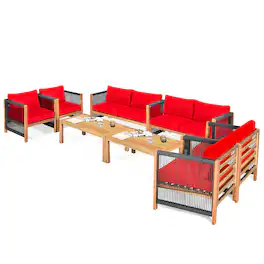 Gymax - 8PCS Acacia Wood Outdoor Patio Furniture Conversation Set W/ Cushions - Red