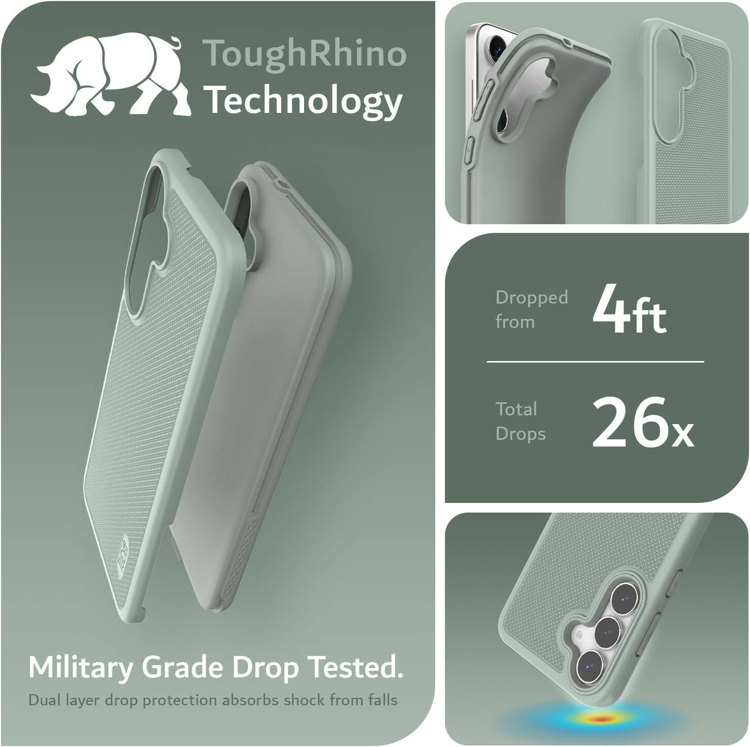 ToughRhino Technology

Dropped from 4ft  
Total Drops 26x

Military Grade Drop Tested.  
Dual layer drop protection absorbs shock from falls