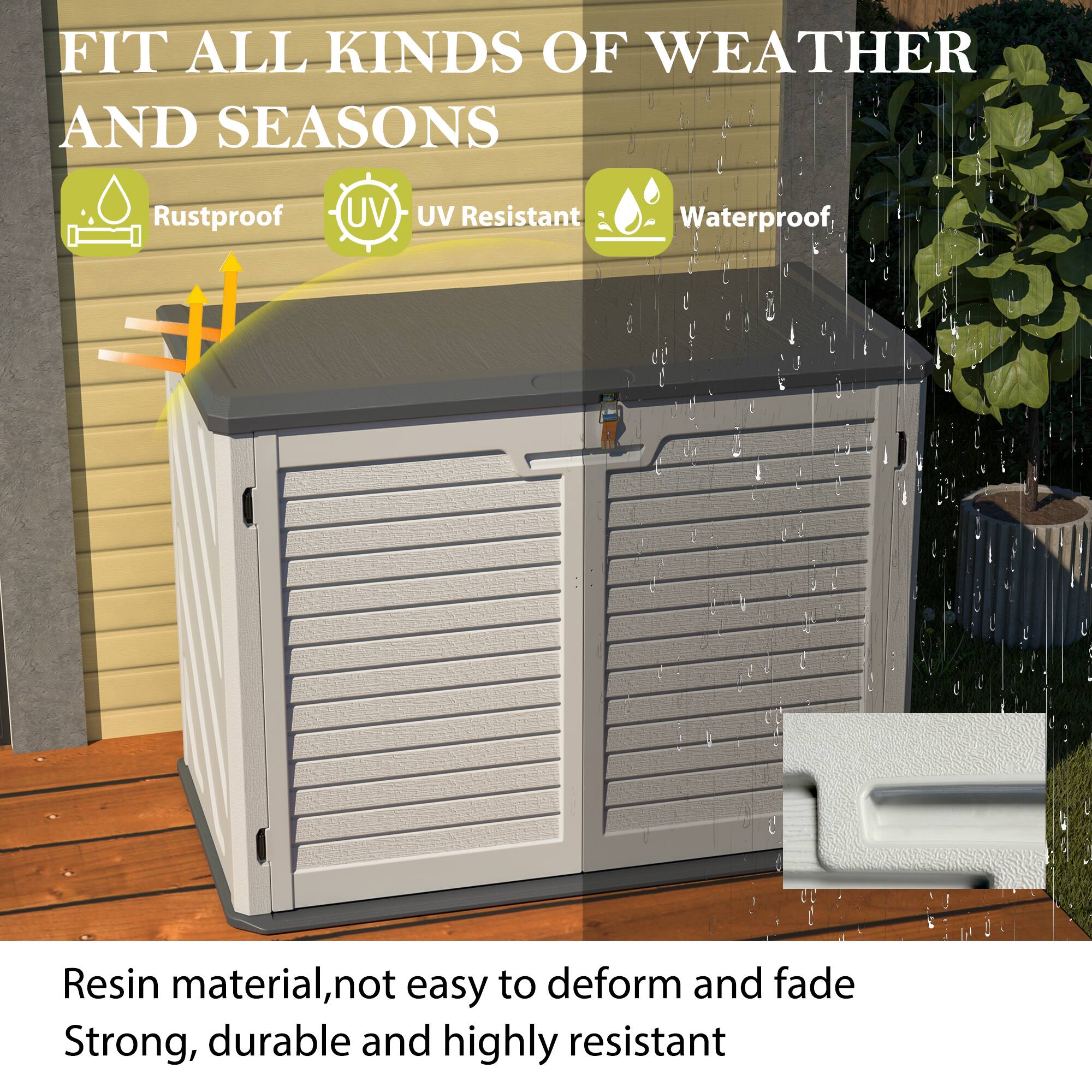 FIT ALL KINDS OF WEATHER AND SEASONS

- Rustproof
- UV Resistant
- Waterproof

Resin material, not easy to deform and fade
Strong, durable and highly resistant