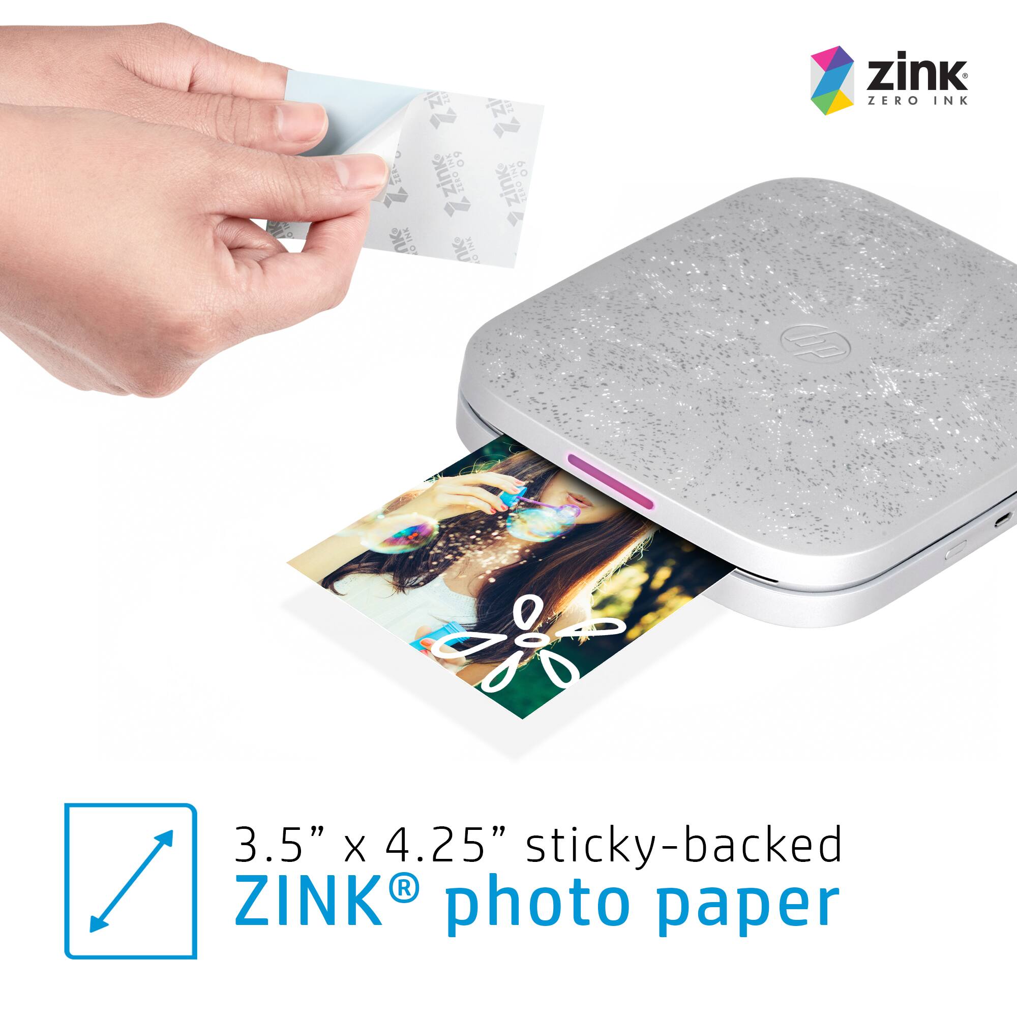 The text on the image reads: "Zink Zero Ink 1aR 60. Zink ENI012 0312 UK-HLO UK-I S O 3.5" X 4.25" sticky-backed Zink photo paper."
