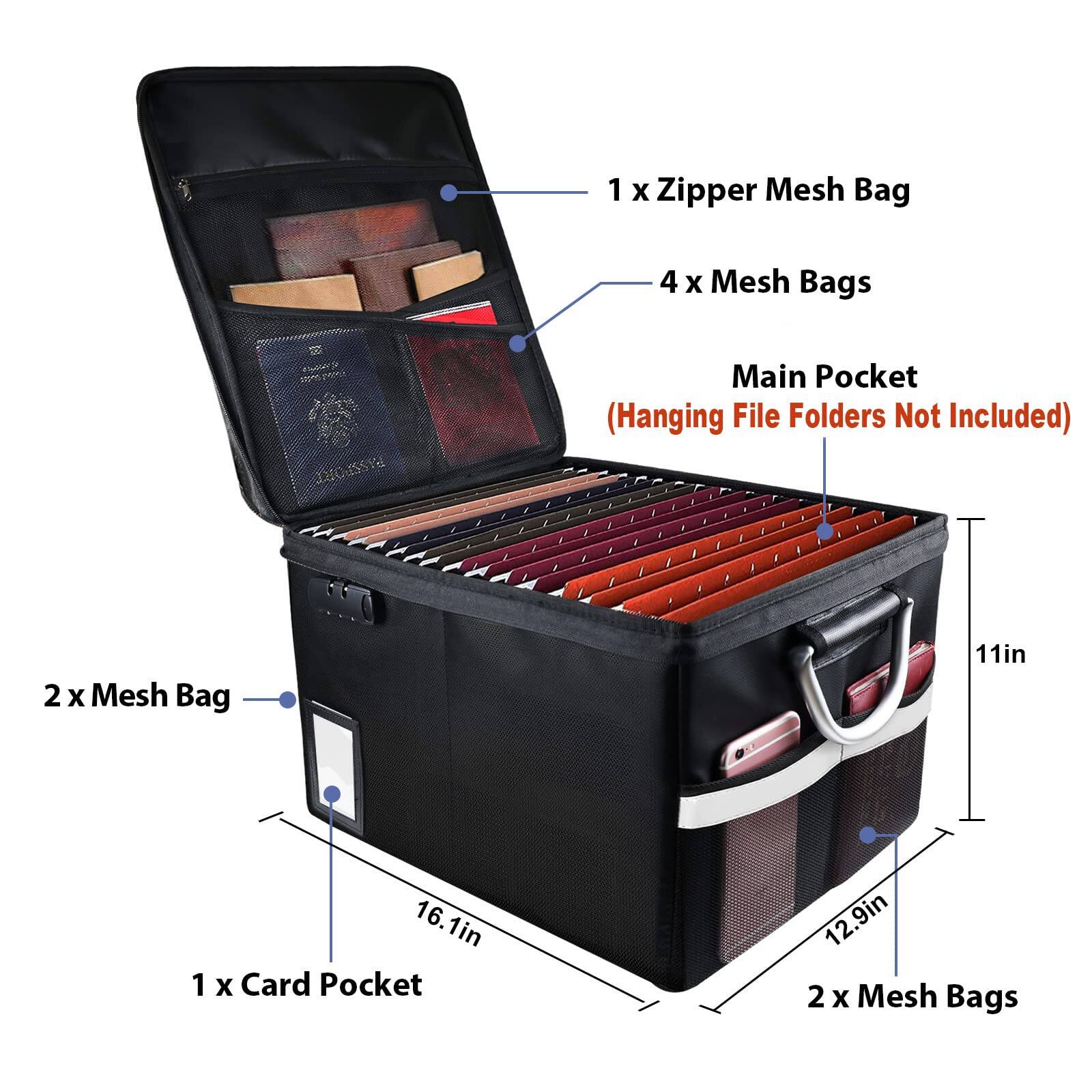 1 x Zipper Mesh Bag  
4 x Mesh Bags  
Main Pocket (Hanging File Folders Not Included)  
2 x Mesh Bag  
1 x Card Pocket  
2 x Mesh Bags  

Dimensions:  
- 16.1in x 12.9in x 11in