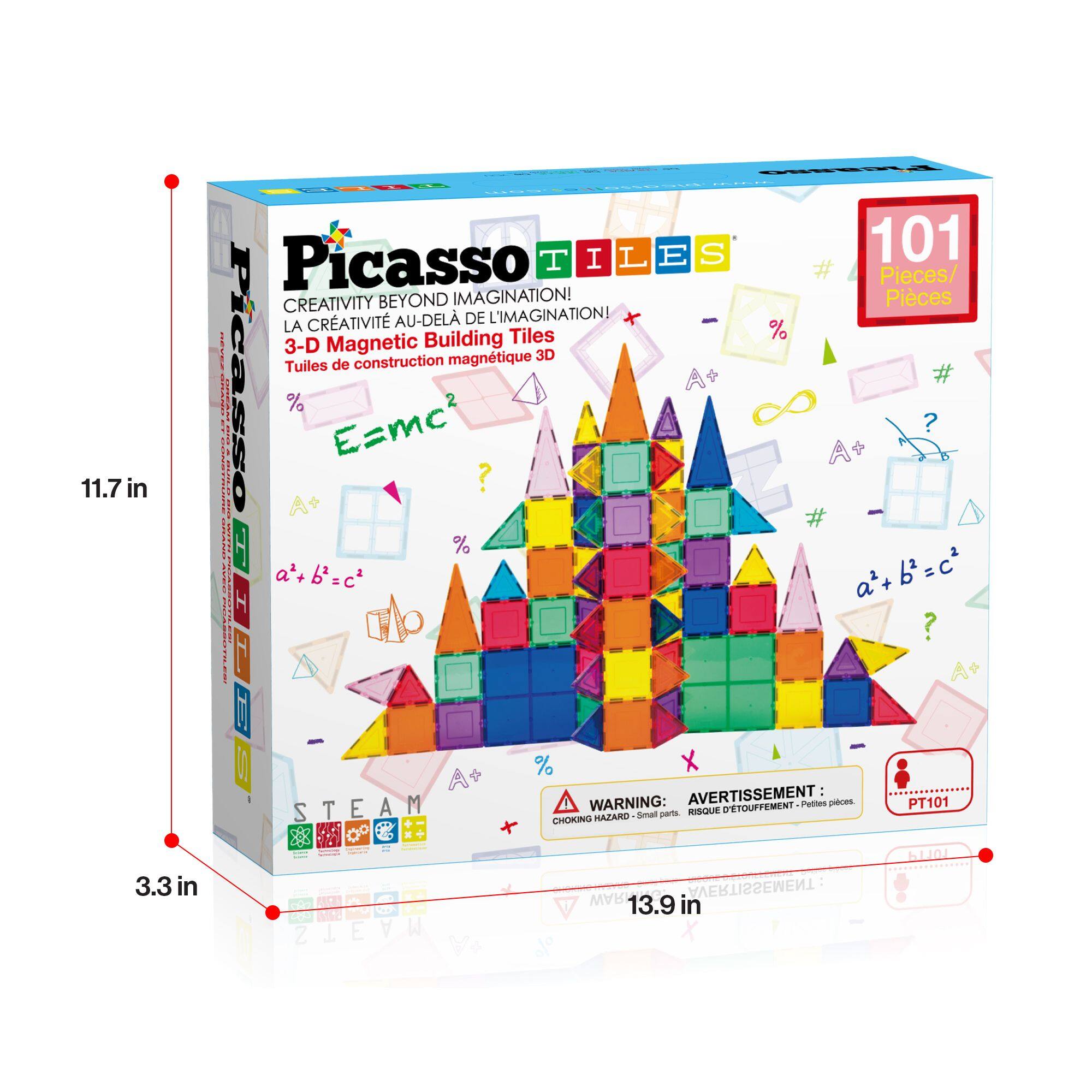 11.7 in CEL WEE Picasso T I L E S 101 Pieces/ CREATIVITY BEYOND IMAGINATION! Pices CRATIVIT AU-DEL DE L'IMAGINATION! LA % Magnetic Building Tiles 193J 3-D 3D Tuiles de construction magntique Picasso # ! % E=mc ? A & | A+ ? %  T a'+ a+b=c* a'+b=c2 ? % WARNING: AVERTISSEMENT: Pettes pieces PT101 STEAM RISQUE D'ETOUFFEMENT HAZARD Simal pars CHOKING 3.3 in  STEAM WAR AVERTISSEMENT 13.9 in bO
