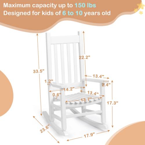 Maximum capacity up to 150 lbs  
Designed for kids of 6 to 10 years old  

Dimensions:  
- 22.2"  
- 33.5"  
- 13.4"  
- 1.2" H  
- 2.4"  
- 14.2"  
- 0.6"  
- 13.4"  
- 13.7"  
- 17.3"  
- 23.6"  
- 17.9"