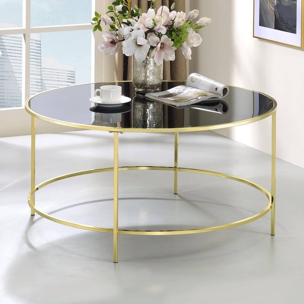 Alt View 3. Furniture of America - Rockbel Contemporary Glass Top Round Coffee Table - Gold.