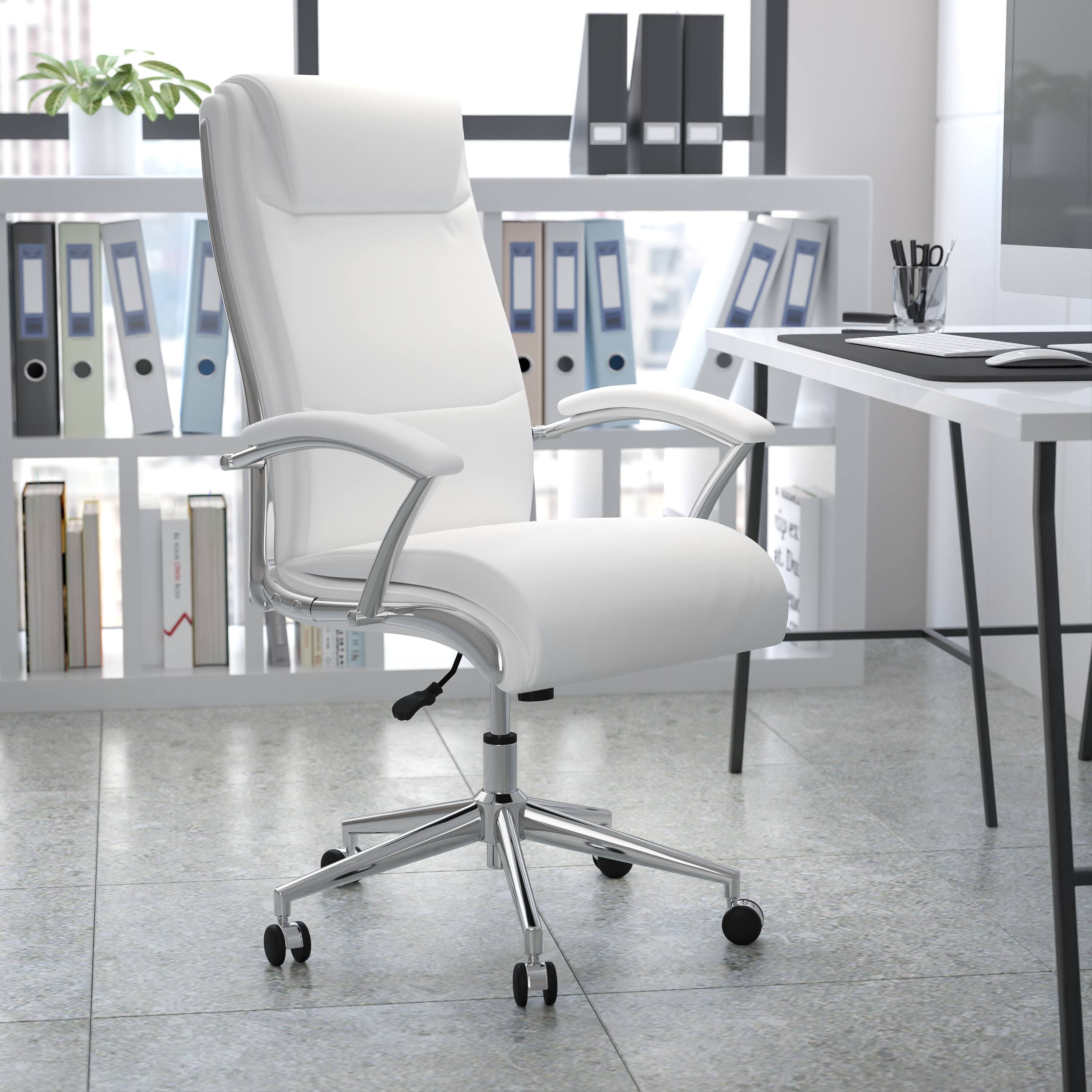 Alt View 1. Emma + Oliver - High Back Designer Smooth Executive Swivel Office Chair with Arms - White.