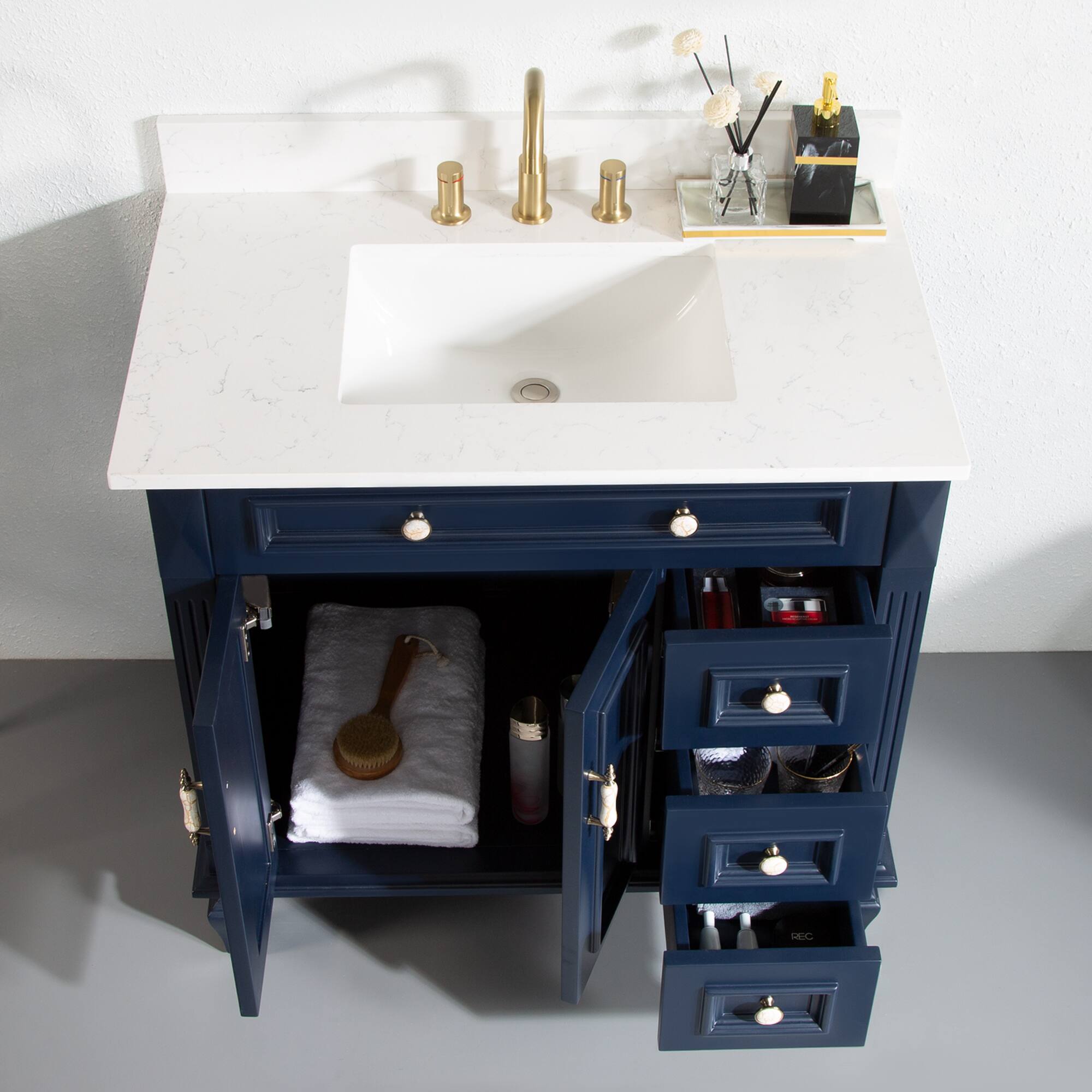 Back. WELLFOR - ARTWOOD 36 in. Solid Wood Bath Vanity with Quartz Top, Single Sink, Soft Close, Assembled - Navy Blue.