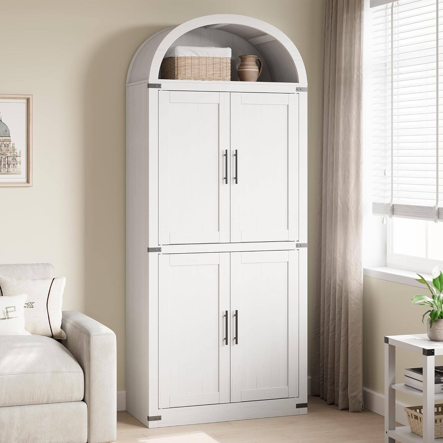 Front. Homhougo - 71.6" Arched Display Cabinet, 5-Tier ArchedBookcase with Doors, Bookshelf, Kitchen Pantry, Modern Fluted Wooden Storage - Off White.
