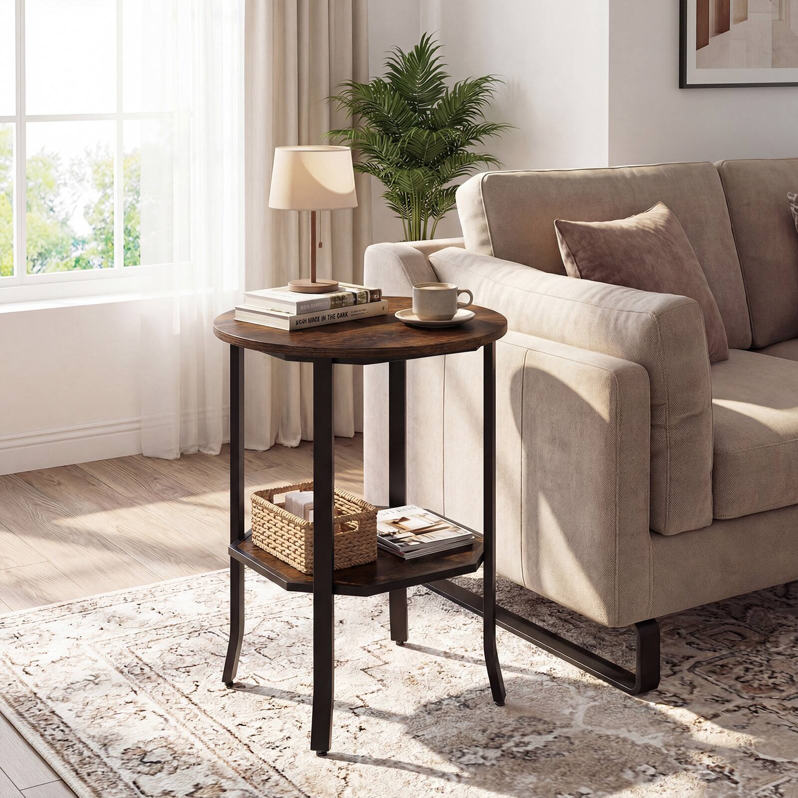 Alt View 4. Gymax - Gymax 2PCS Round End Table Night Stand w/ Storage Shelf Industrial Bedside Table Rustic Brown & Black - Brown.