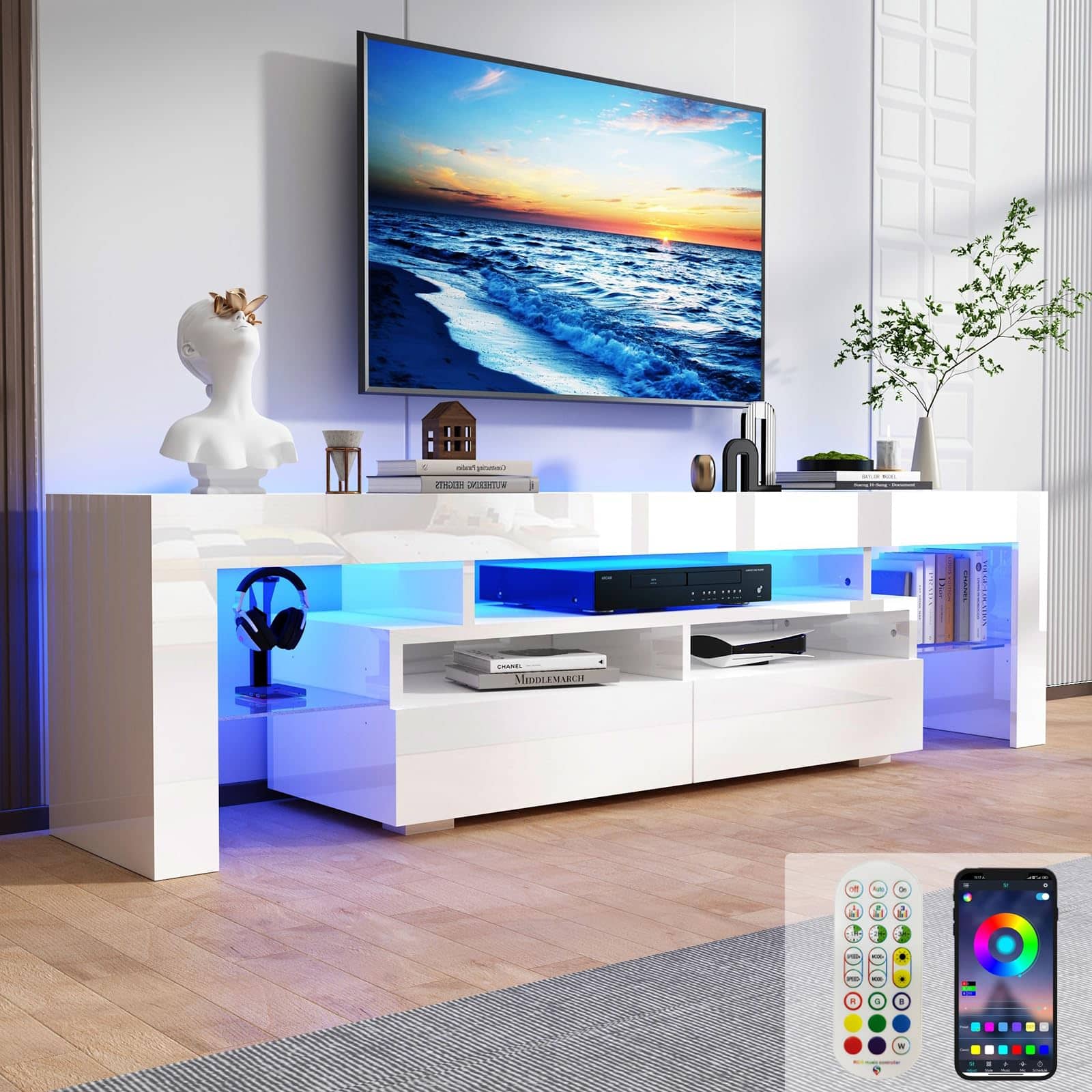 Espafurni - 63in High - Gloss TV Stand for 65/70" TVs - Living Room LED, APP RGB, Storage Drawer - White