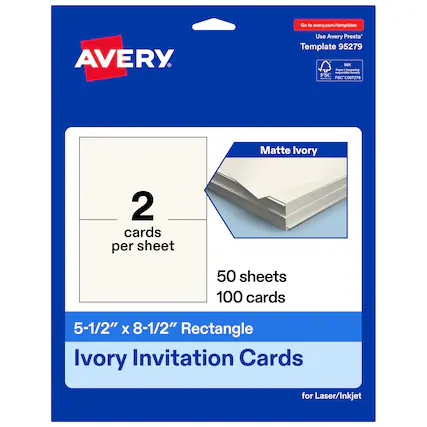 Go to avery.com/templates
Use Avery Presta™ Template 95279
Matte Ivory
2 cards per sheet
50 sheets 100 cards
5-1/2" x 8-1/2" Rectangle Ivory Invitation Cards for Laser/Inkjet