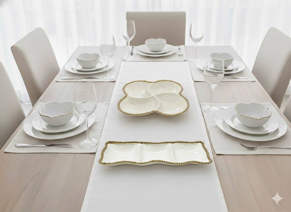 Left. Jiallo - 15" Contemporary Gold Bead 3‑Section Platter – Modern Divided Serving Tray with Beaded Rim - White.